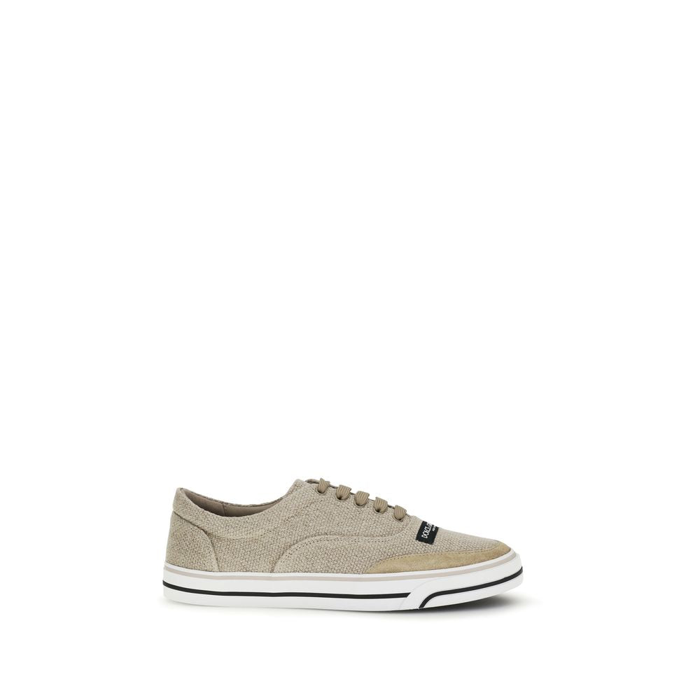 Sneakers bass en lin beige de Dolce & Gabbana, chaussures décontractées pour homme, avec semelle blanche et design élégant.