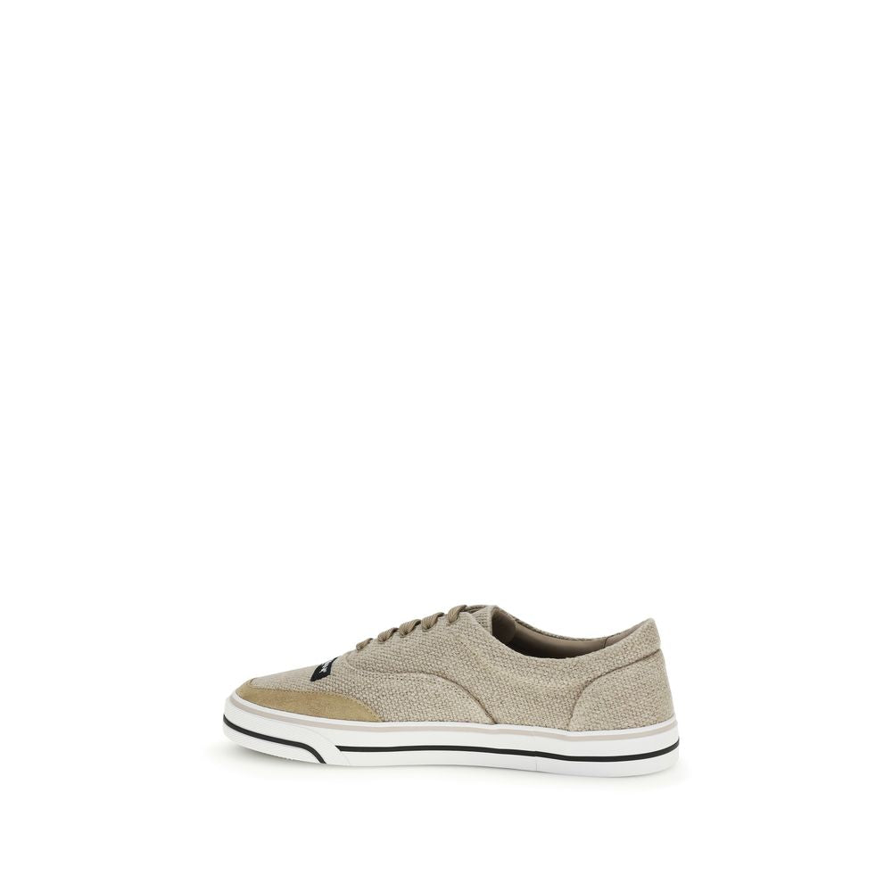 Chaussures sneakers basses en lin beige de Dolce & Gabbana, style décontracté et élégant, vue de face.