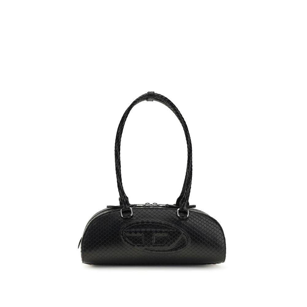 Sac à épaule Diesel Bos Taurus en cuir de veau noir, avec détails élégants et bandoulière ajustable.