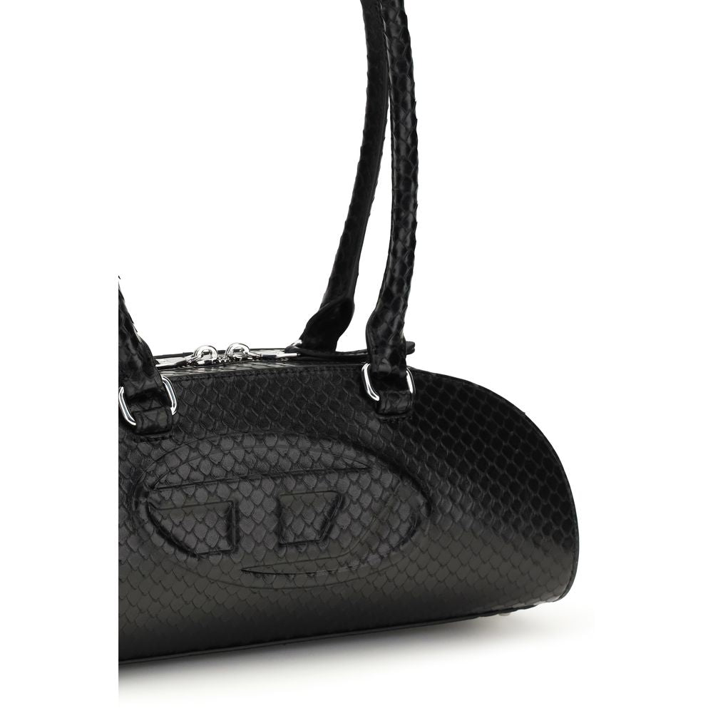 Sac bandoulière Diesel en cuir de veau noir Bos Taurus, avec poignées et détails élégants, pour un style moderne et sophistiqué.