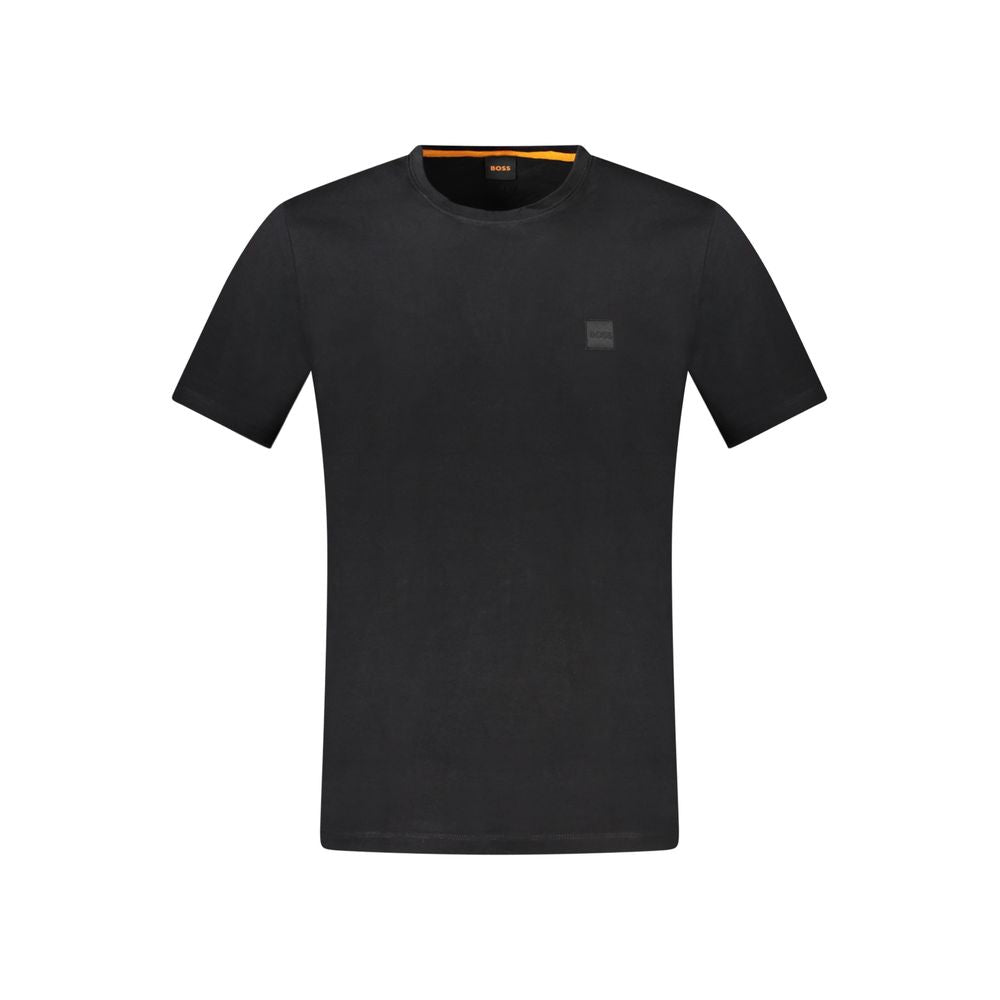 T-shirt homme en coton noir de la marque Hugo Boss, coupe classique et design simple, visible en gros plan.