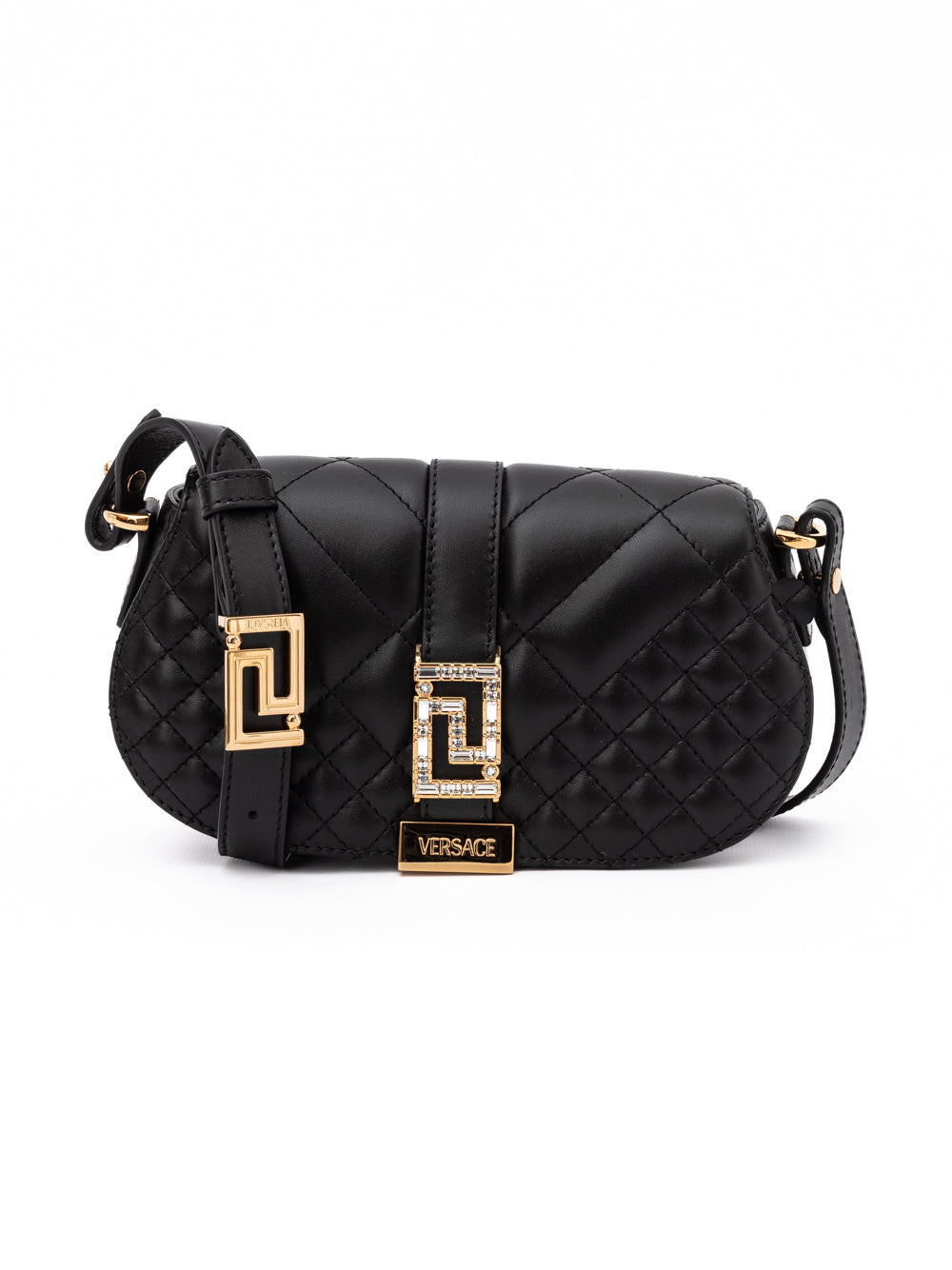 Sac à bandoulière en cuir noir matelassé de Versace, élégant et sophistiqué, avec logo emblématique.