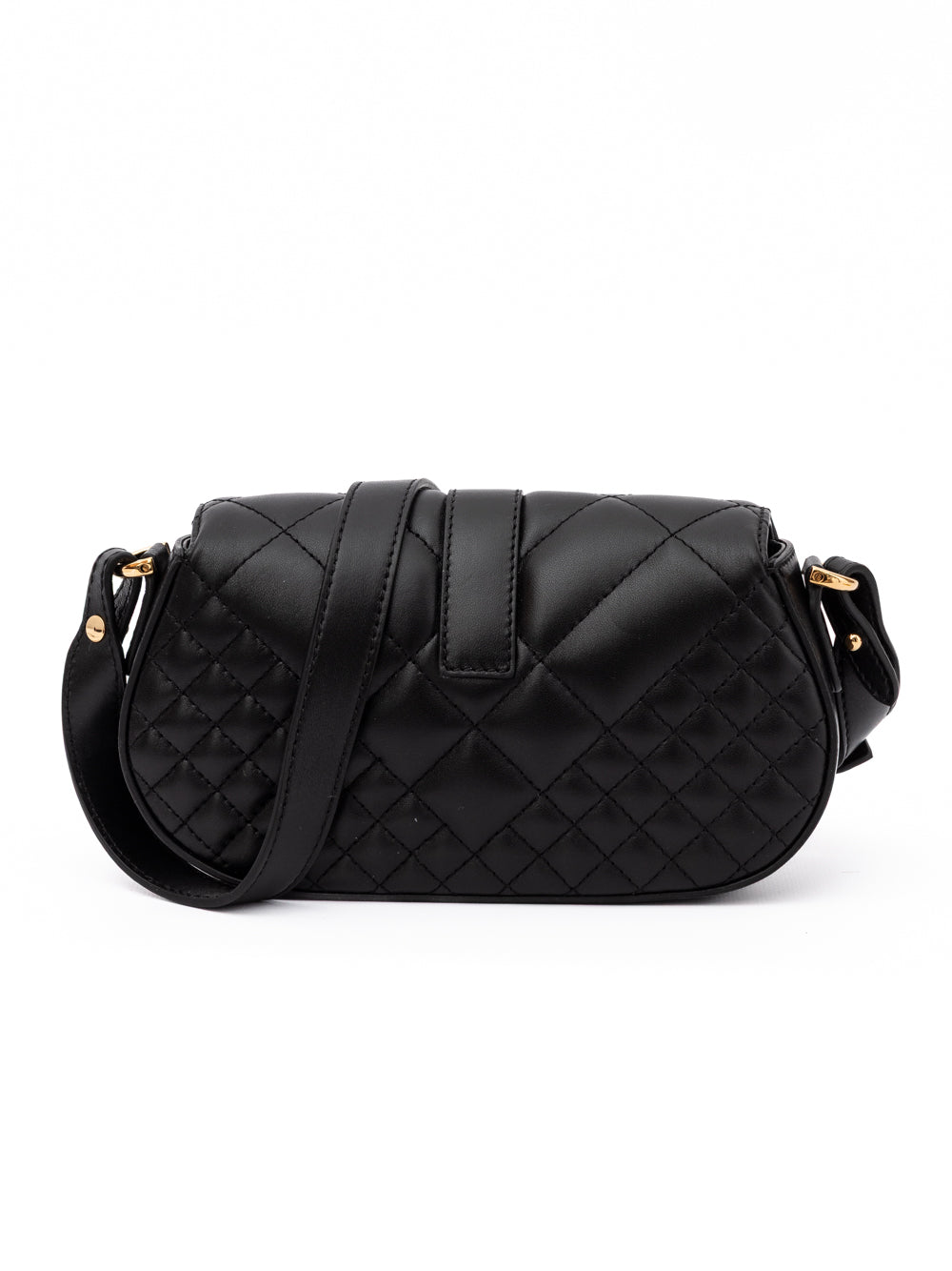 Sac à main Versace en cuir noir matelassé avec bandoulière épaule, look élégant et sophistiqué, vue de face.
