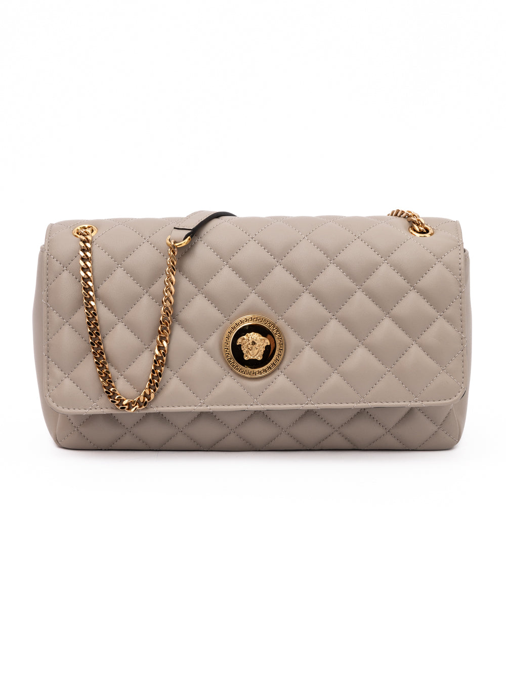 Sac à bandoulière en cuir matelassé taupe de Versace, accessoire élégant avec bandoulière en cuir et détails sophistiqués.