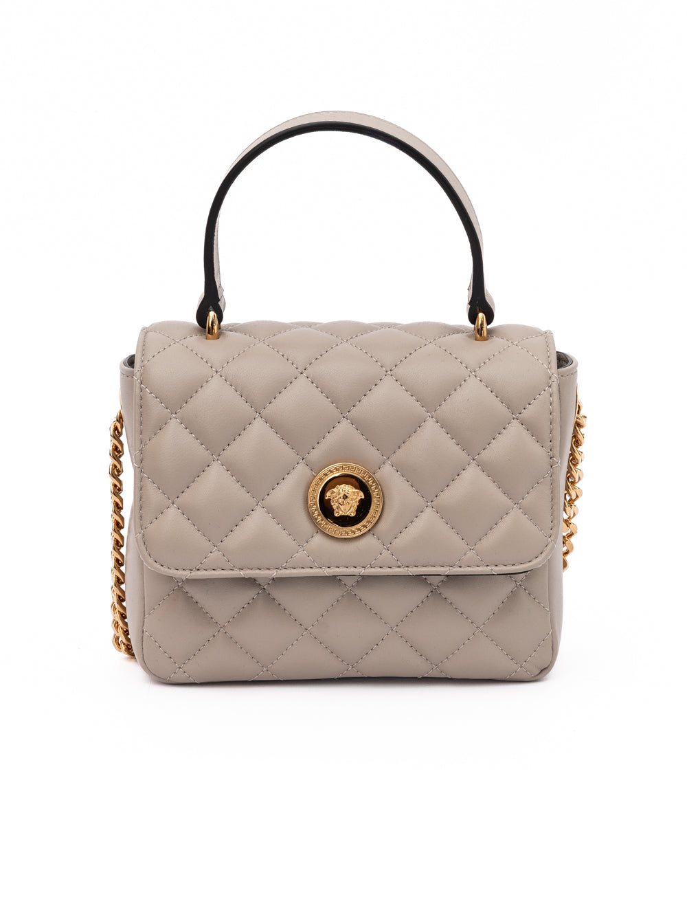 Sac à main en cuir matelassé taupe de Versace, élégant et sophistiqué, avec détails de luxe.