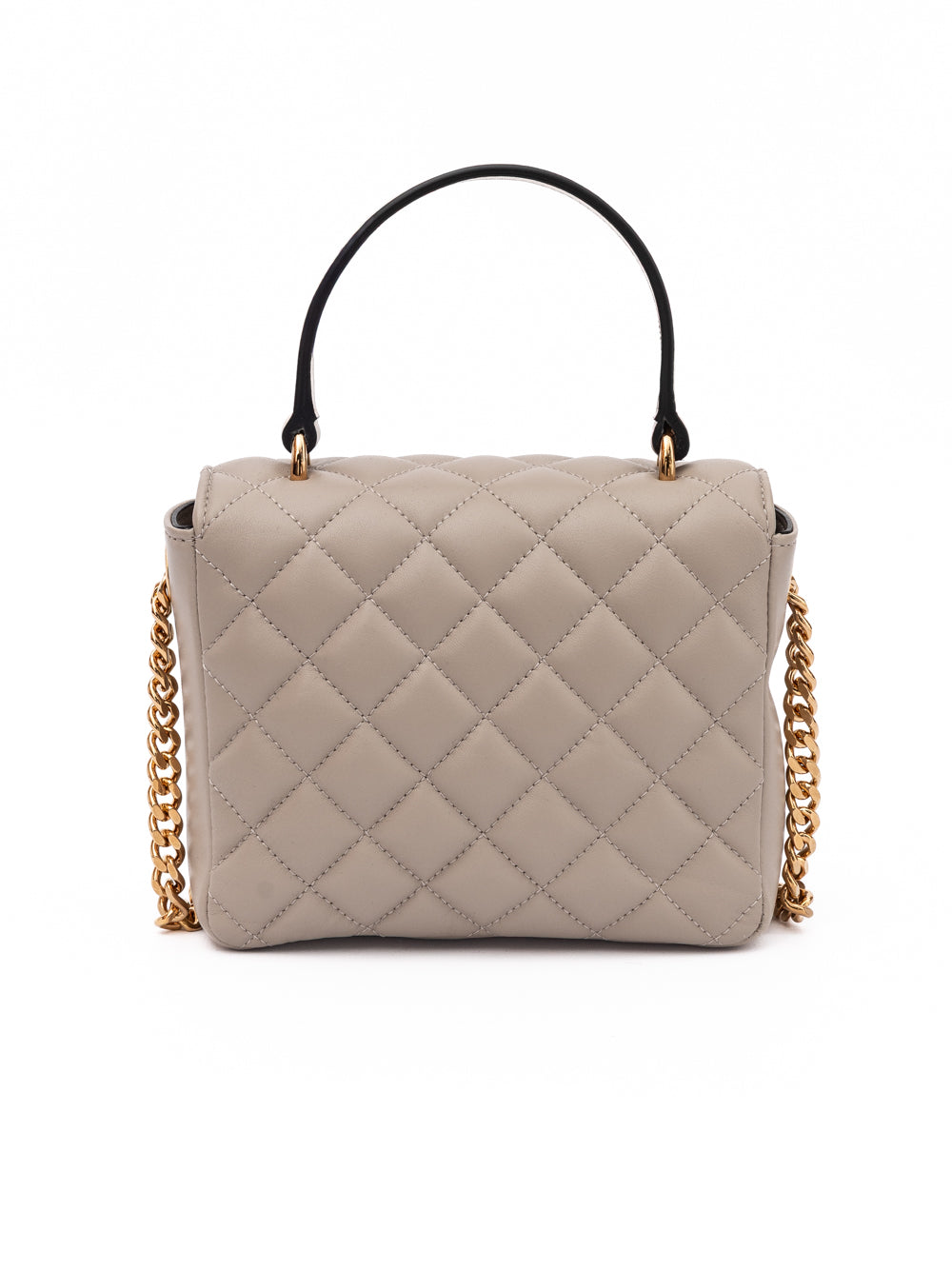 Sac à main en cuir matelassé taupe de Versace, élégant et sophistiqué, avec détails de marque visibles.