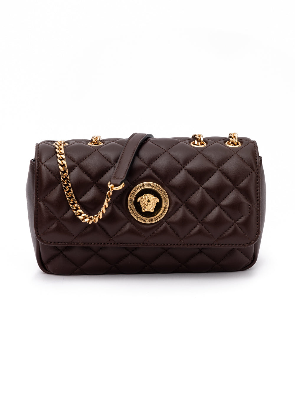 Sac à bandoulière en cuir matelassé marron de Versace, avec bandoulière élégante et détails raffinés.