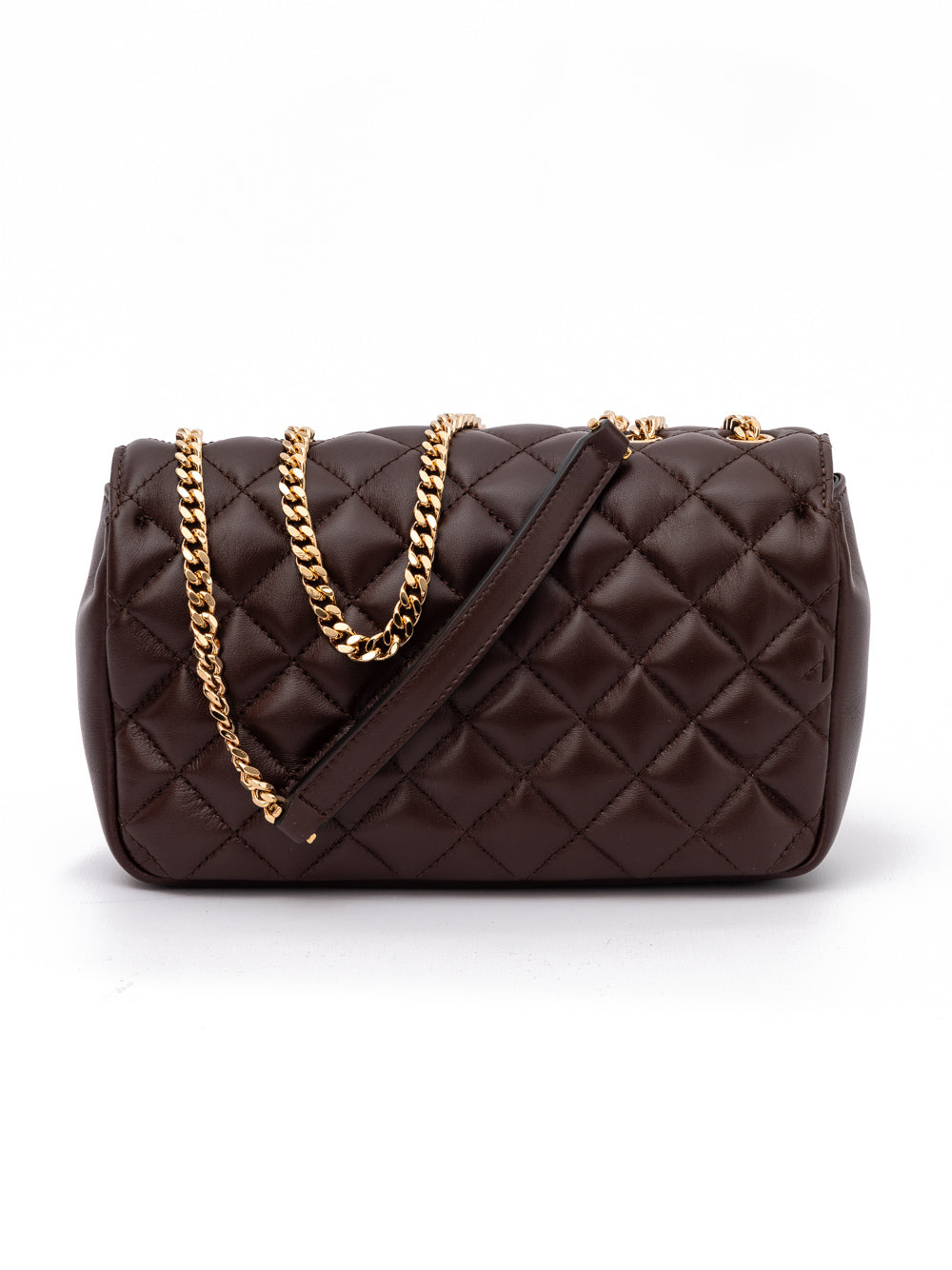Sac à épaule en cuir matelassé marron de la marque Versace, avec bandoulière élégante et détails raffinés.