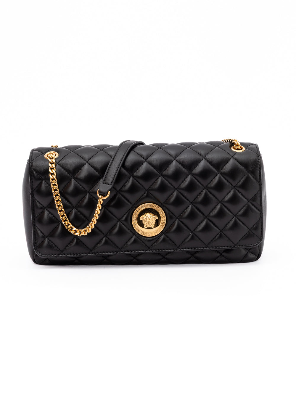 Sac à bandoulière en cuir matelassé noir de Versace, avec détails élégants, pour un style sophistiqué.
