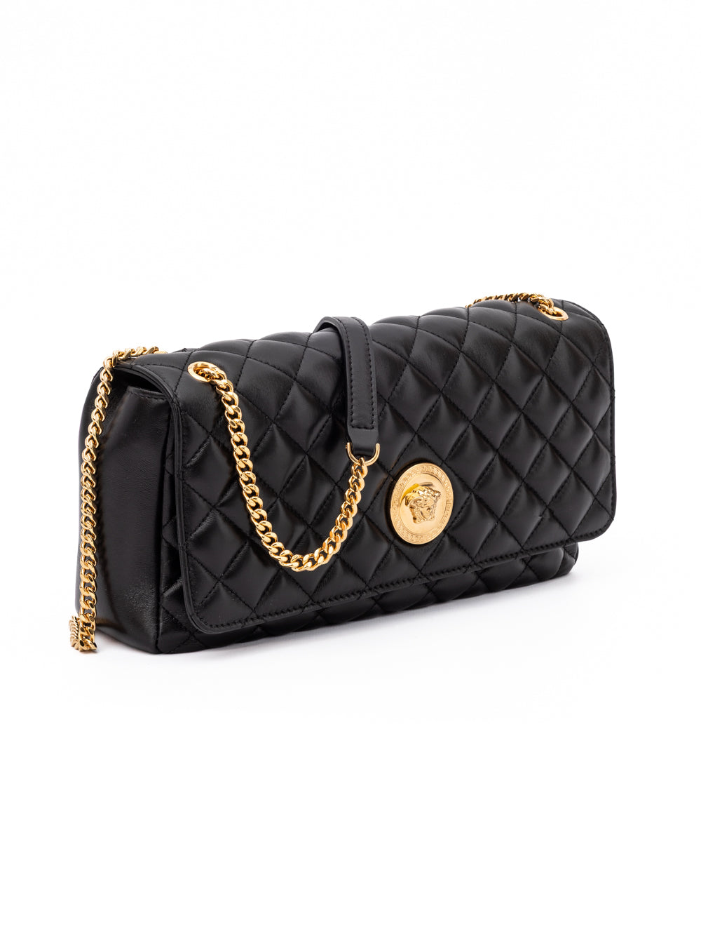 Sac à bandoulière en cuir matelonné noir de Versace, avec détails de la marque et bandoulière élégante.