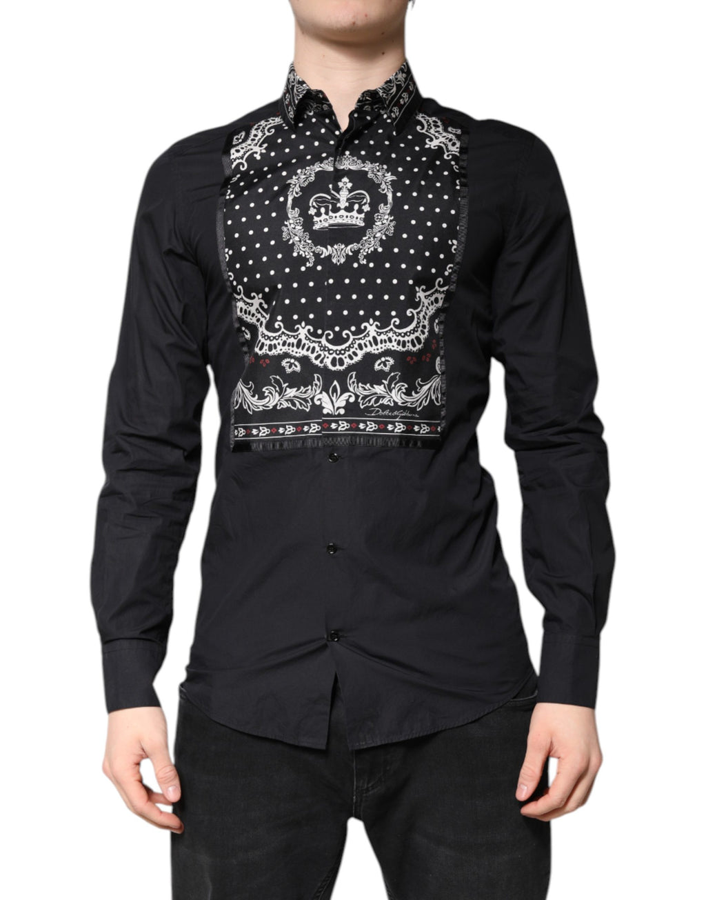 Chemise formelle Dolce & Gabbana à motifs noir et blanc avec bandana or, élégante et sophistiquée pour homme.