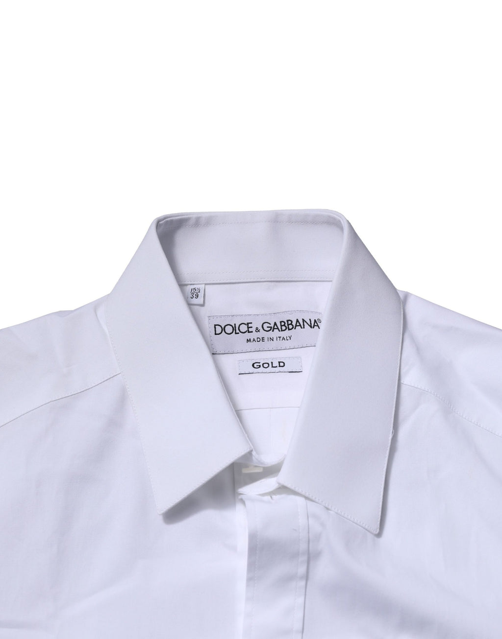 Chemise formelle en coton blanc avec manches longues Dolce & Gabbana, détails dorés visibles sur l'image.
