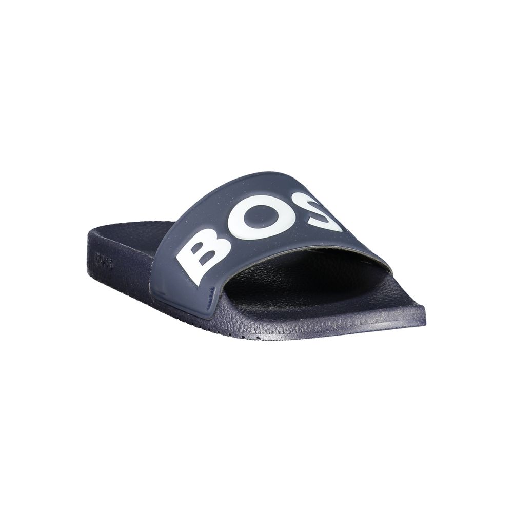Chaussures en poliuréthane bleues pour homme de la marque Hugo Boss, style ciabatta, vues de côté.