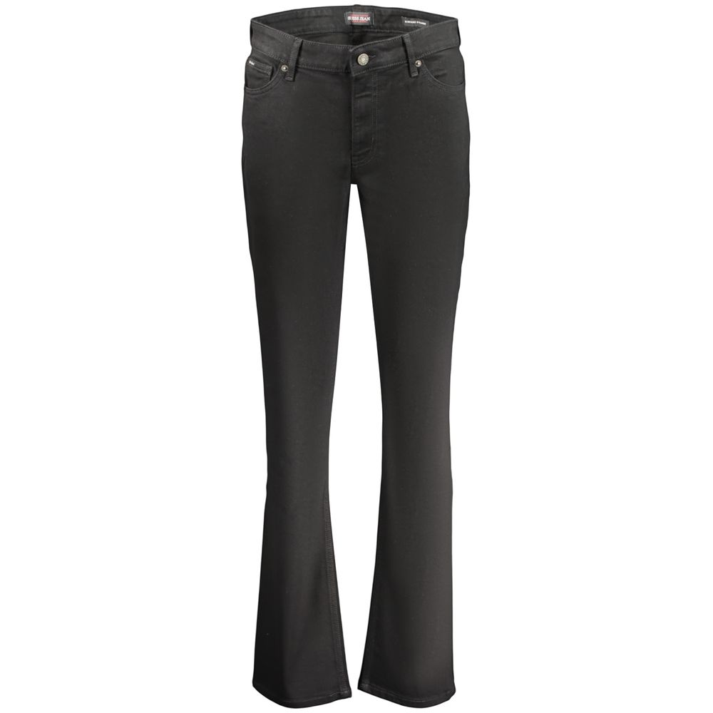 Jeans pour femmes Guess Jeans en coton noir, coupe classique et ajustée, visibles en détail sur l'image.