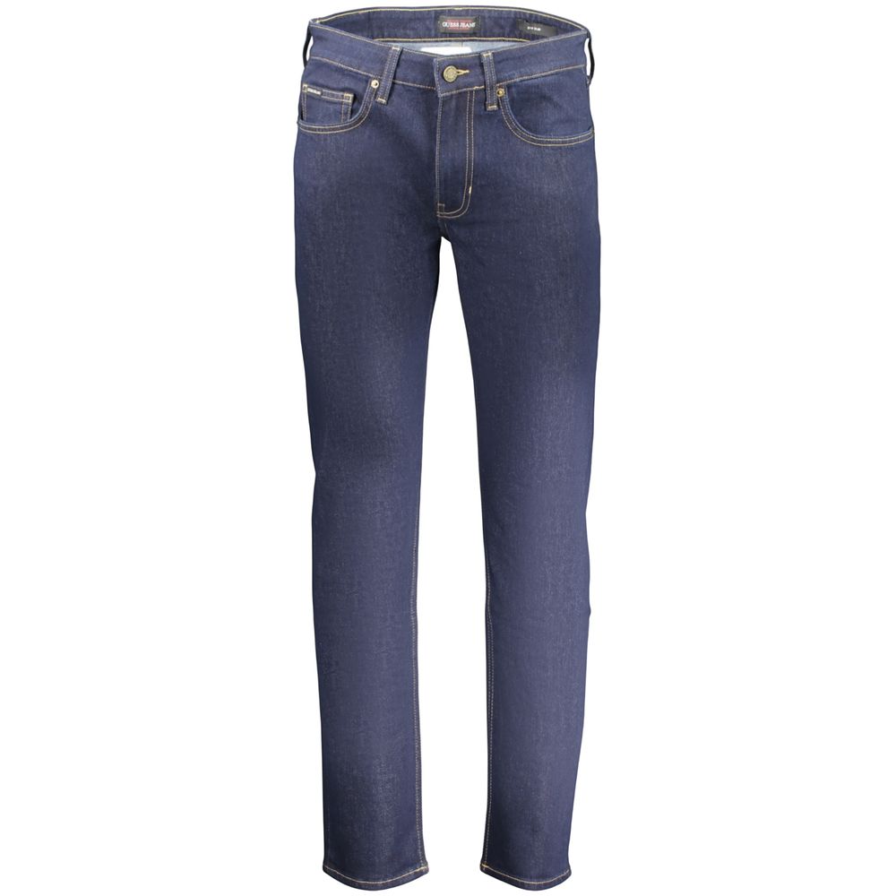 Jeans homme Guess en coton bleu, style décontracté, avec fermeture éclair et poches avant, parfait pour un look casual.