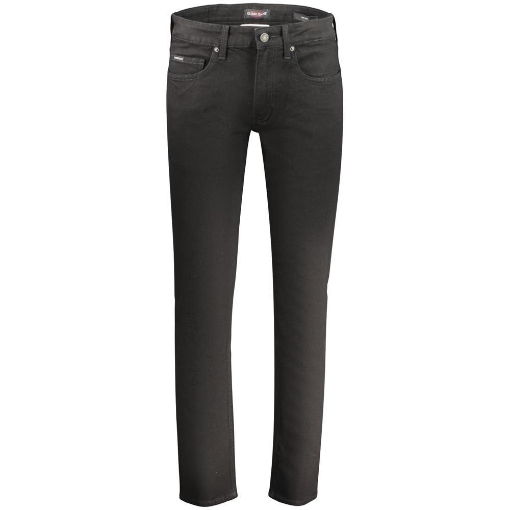 Jeans homme noirs en coton de la marque Guess Jeans, vue de face avec détails des poches et couture.