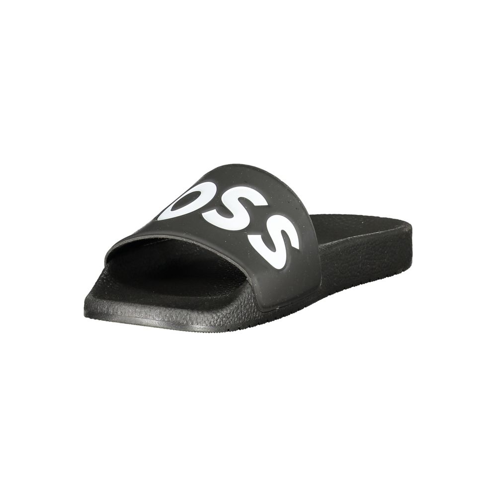 Chaussures homme Hugo Boss Nero en polyuréthane, ciabatta noires élégantes, vue en gros plan sur le dessus du produit.