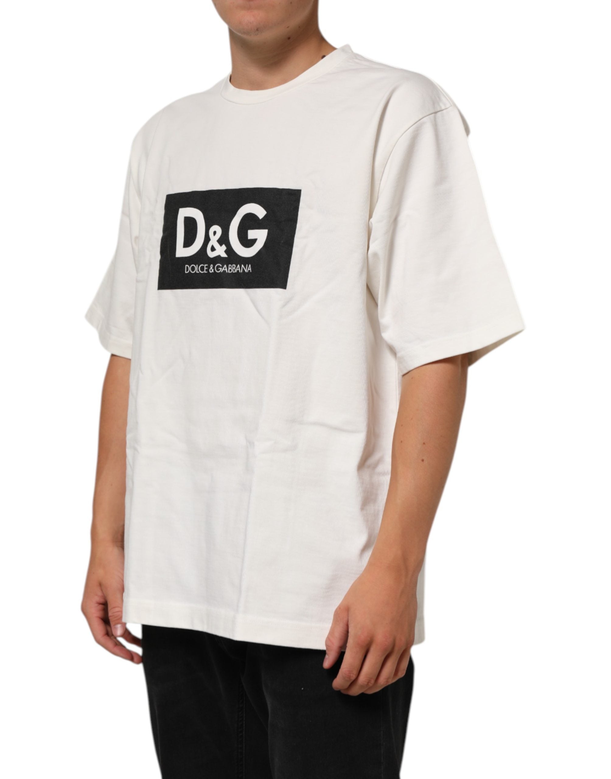T-shirt homme blanc en coton Dolce & Gabbana avec logo imprimé, col rond et design classique.