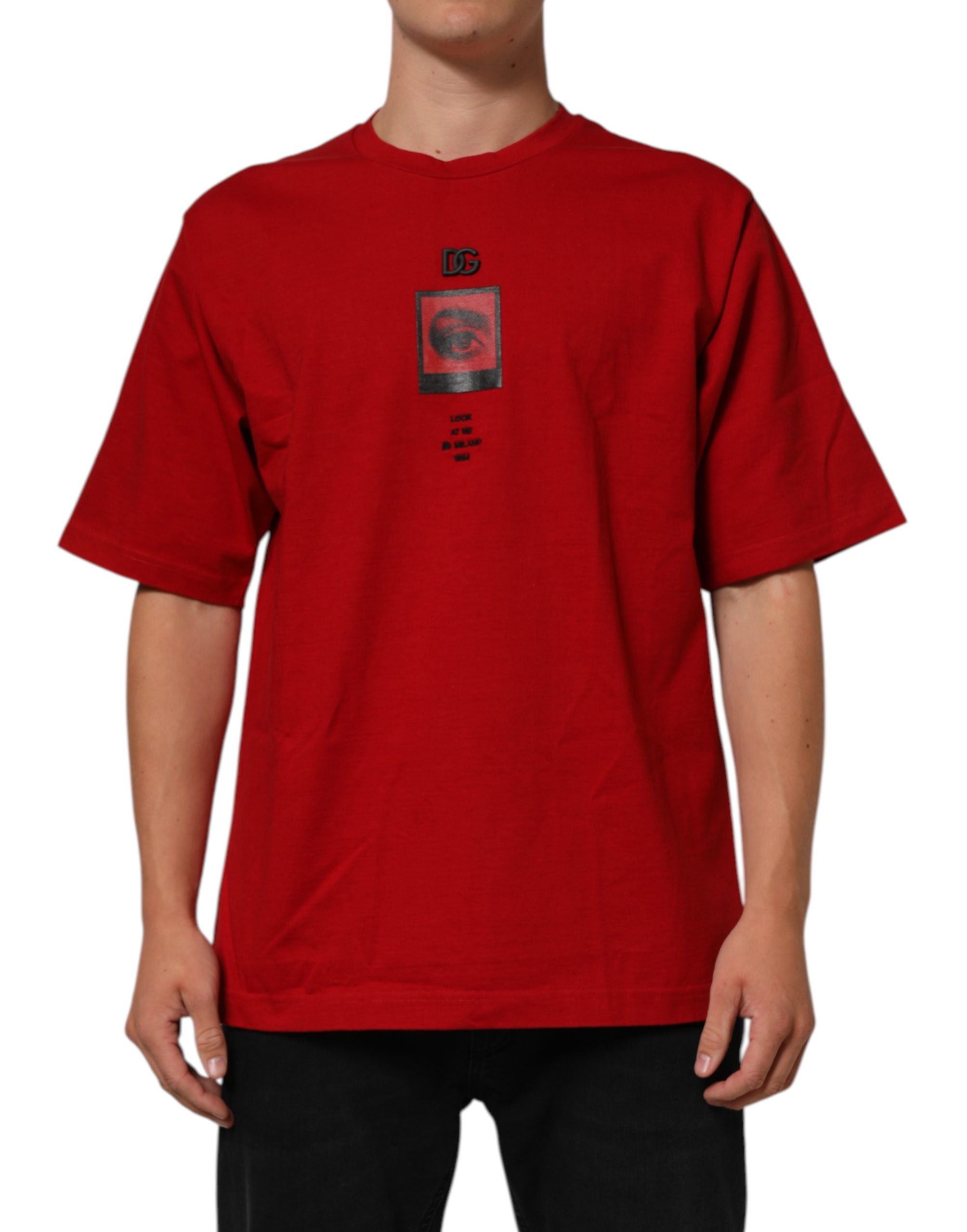 T-shirt en coton rouge Dolce & Gabbana avec imprimé œil DG, col rond, mode décontractée.