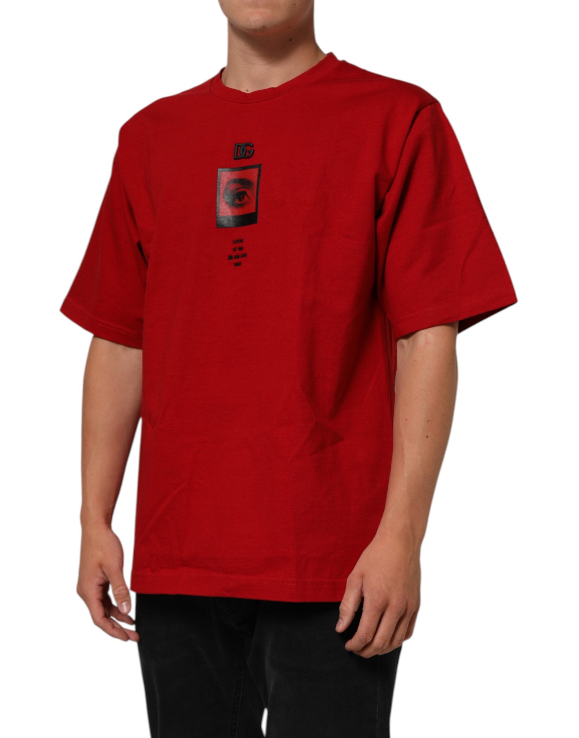 T-shirt en coton rouge Dolce & Gabbana avec motif œil DG, col ras du cou et design élégant.