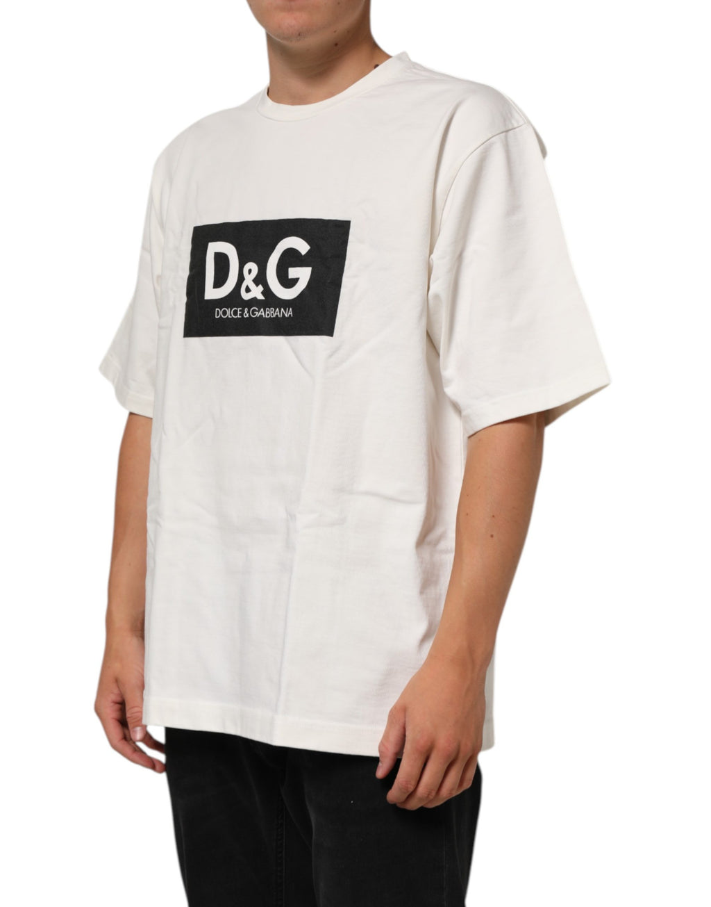 T-shirt homme Dolce & Gabbana en coton blanc avec logo imprimé, col rond, style décontracté.