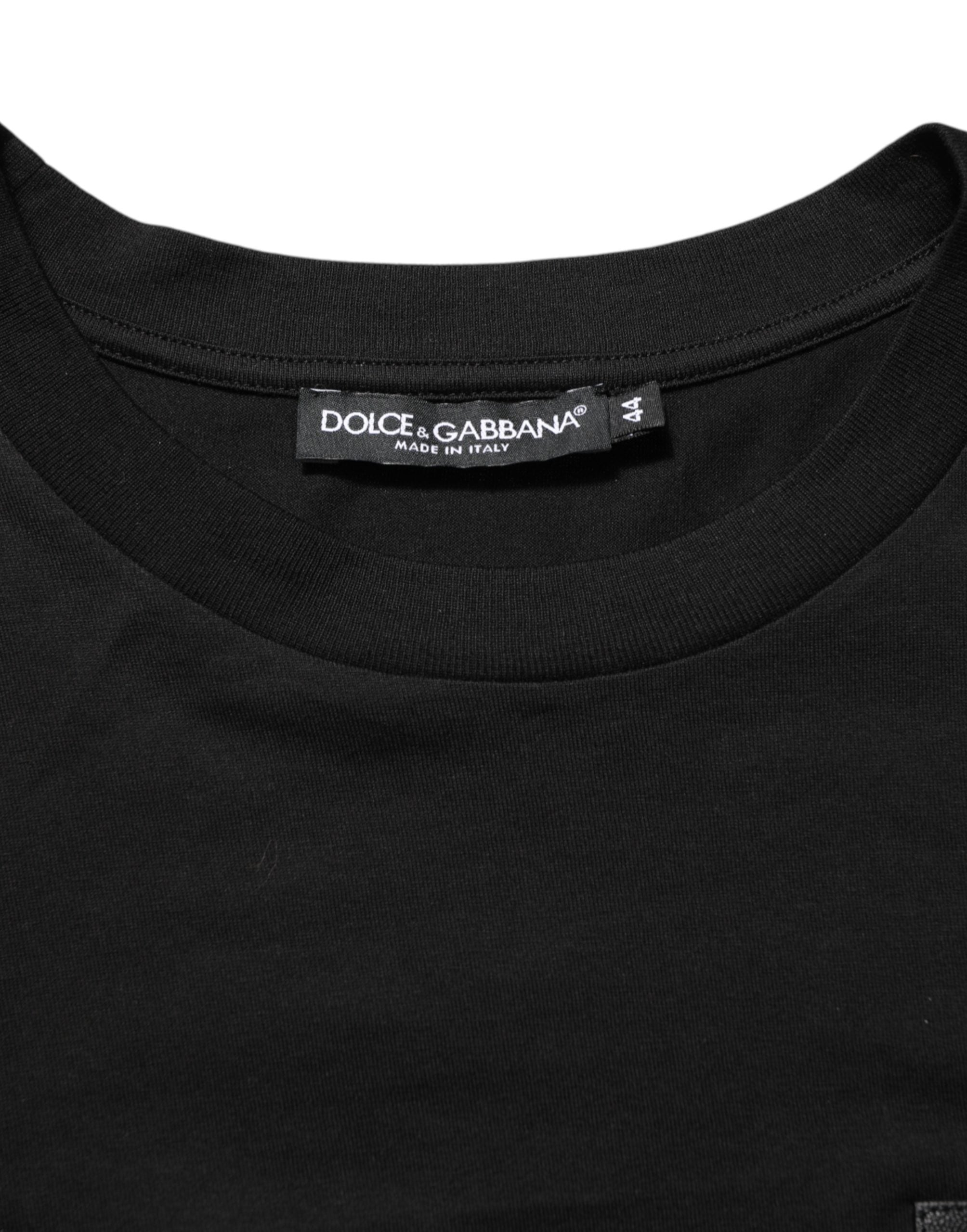 T-shirt à manches courtes en coton noir Dolce & Gabbana avec plaque logo sur le devant, col rond, style décontracté.