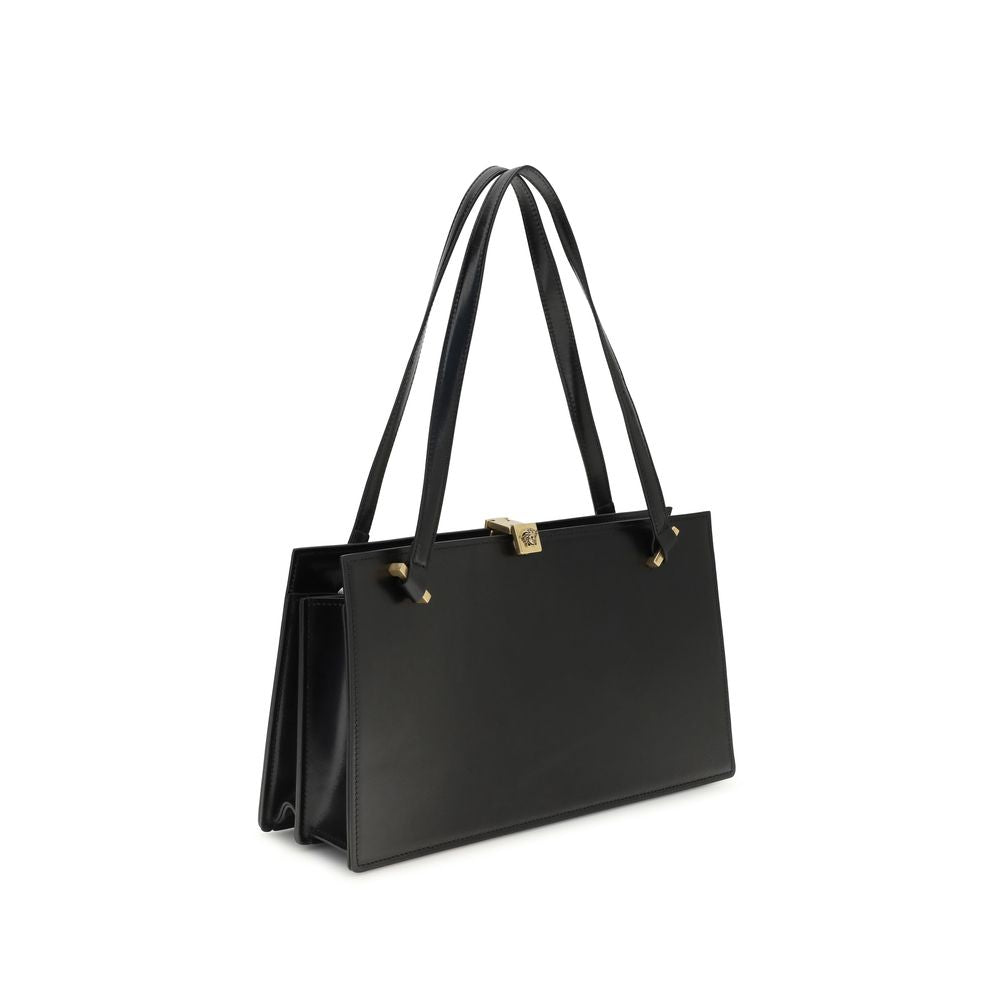 Sac à main Versace Bos Taurus en cuir de veau noir, sac à épaule élégant avec logo distinctif et détails sophistiqués.