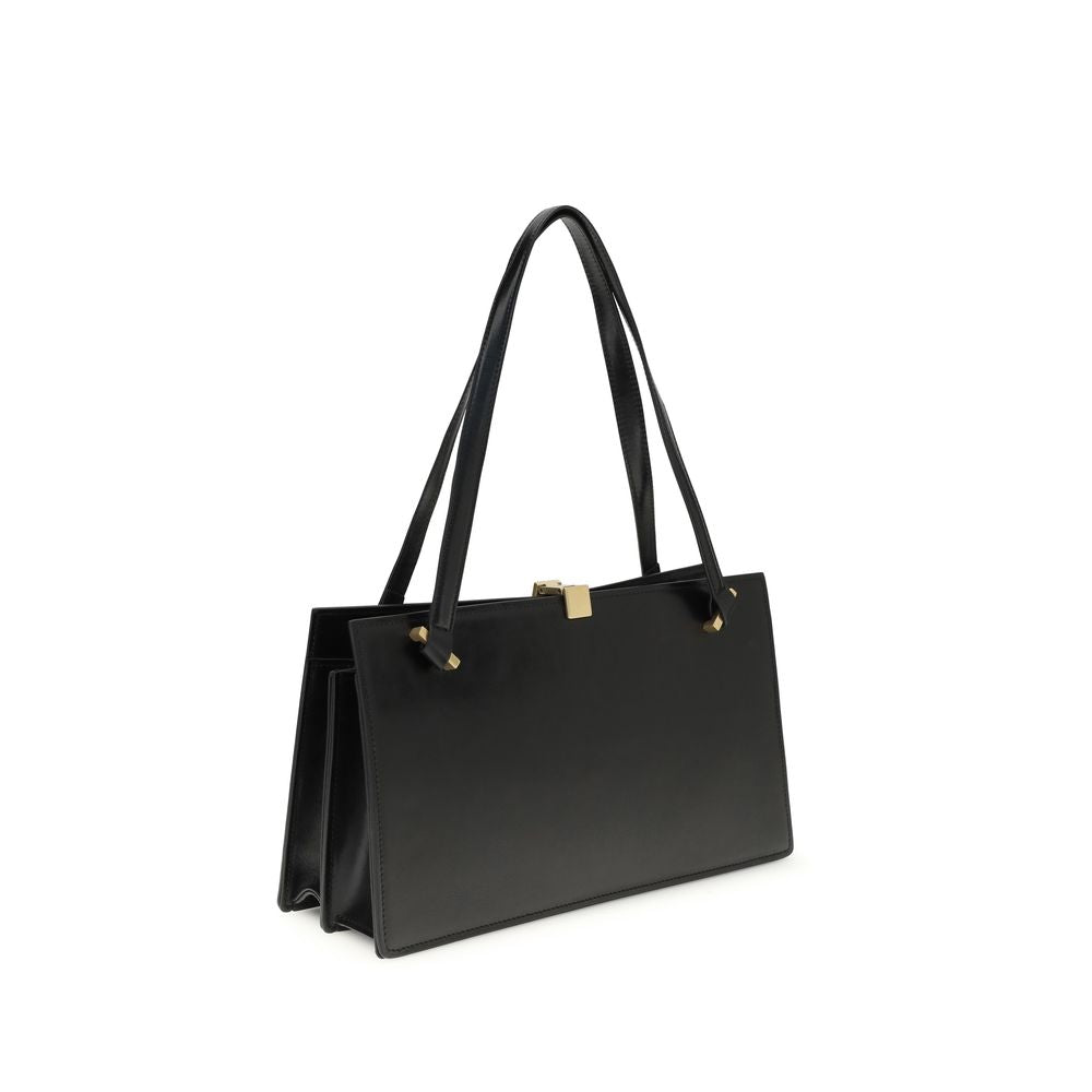 Sac à épaule Bos Taurus en cuir de veau noir de Versace, avec détails élégants et logo emblématique visible.