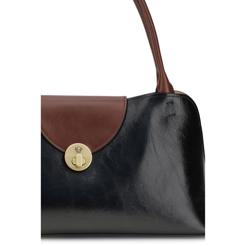 Sac à bandoulière Versace Bos Taurus en cuir de veau noir, élégant et sophistiqué, avec détails emblématiques de la marque.