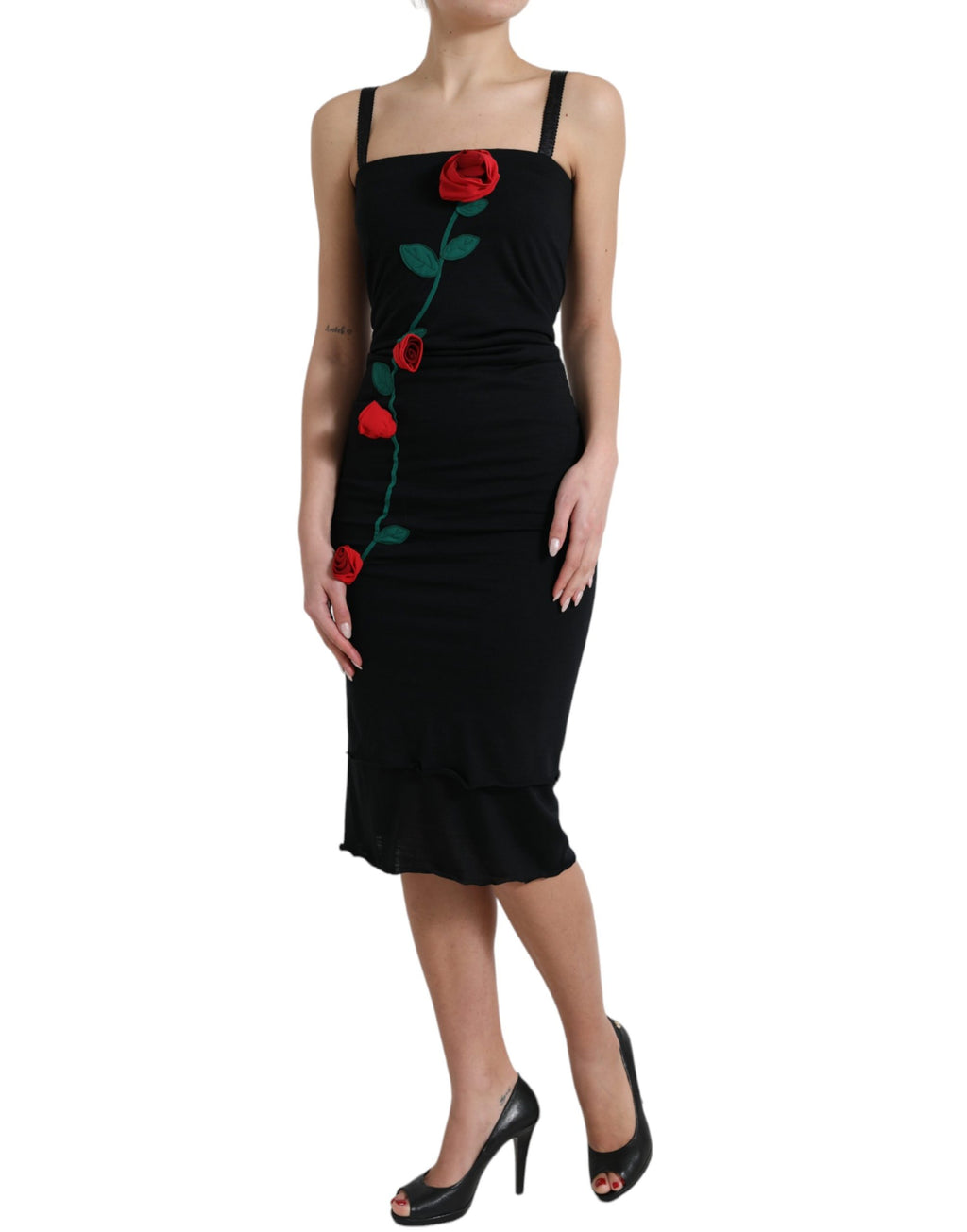 Robe sans manches en laine noire Dolce & Gabbana avec appliqués de roses, élégante et sophistiquée.