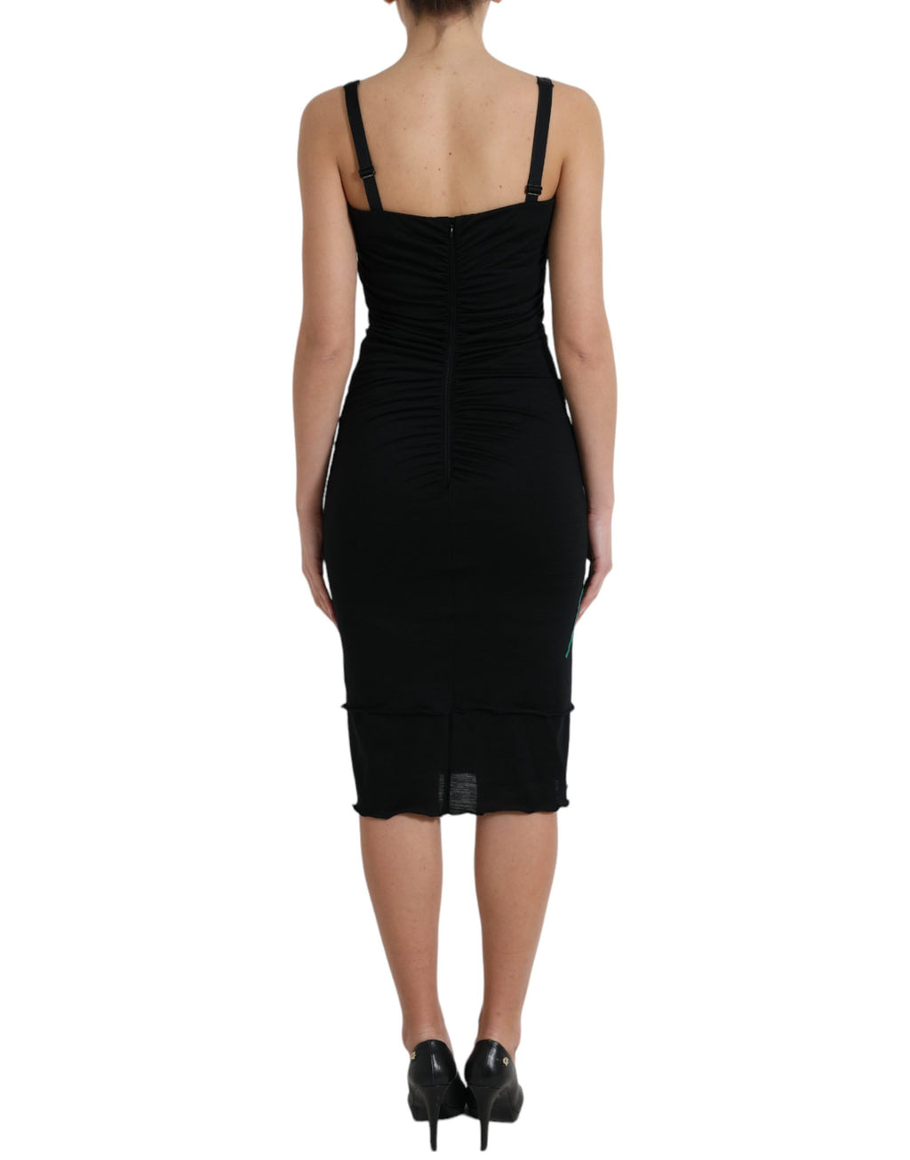 Robe sans manches en laine noire Dolce & Gabbana avec appliqué de roses, élégante et sophistiquée.