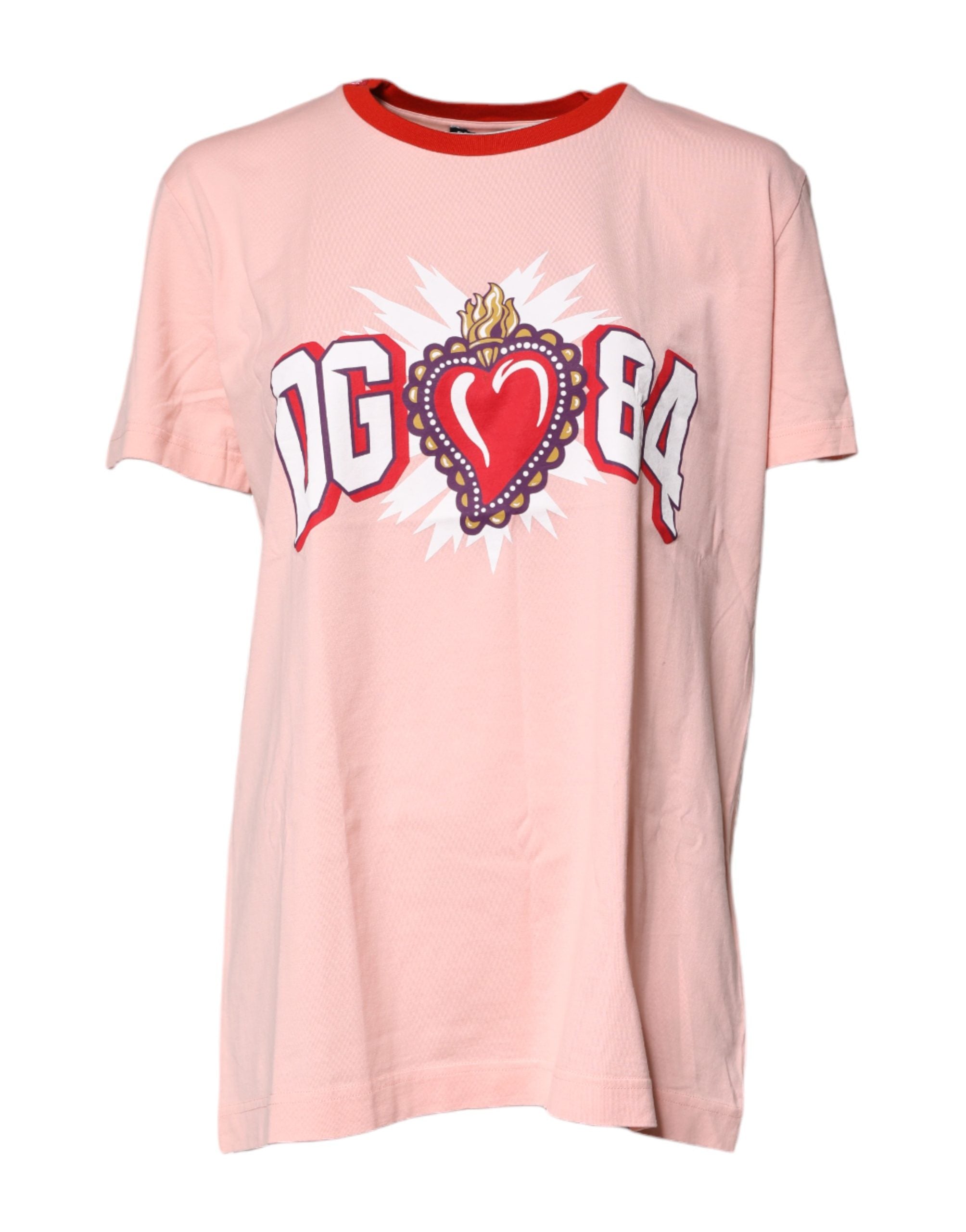 T-shirt en coton rose Dolce & Gabbana DG 84 Sacred Heart avec imprimé cœur sacré, manches courtes et logo visible.