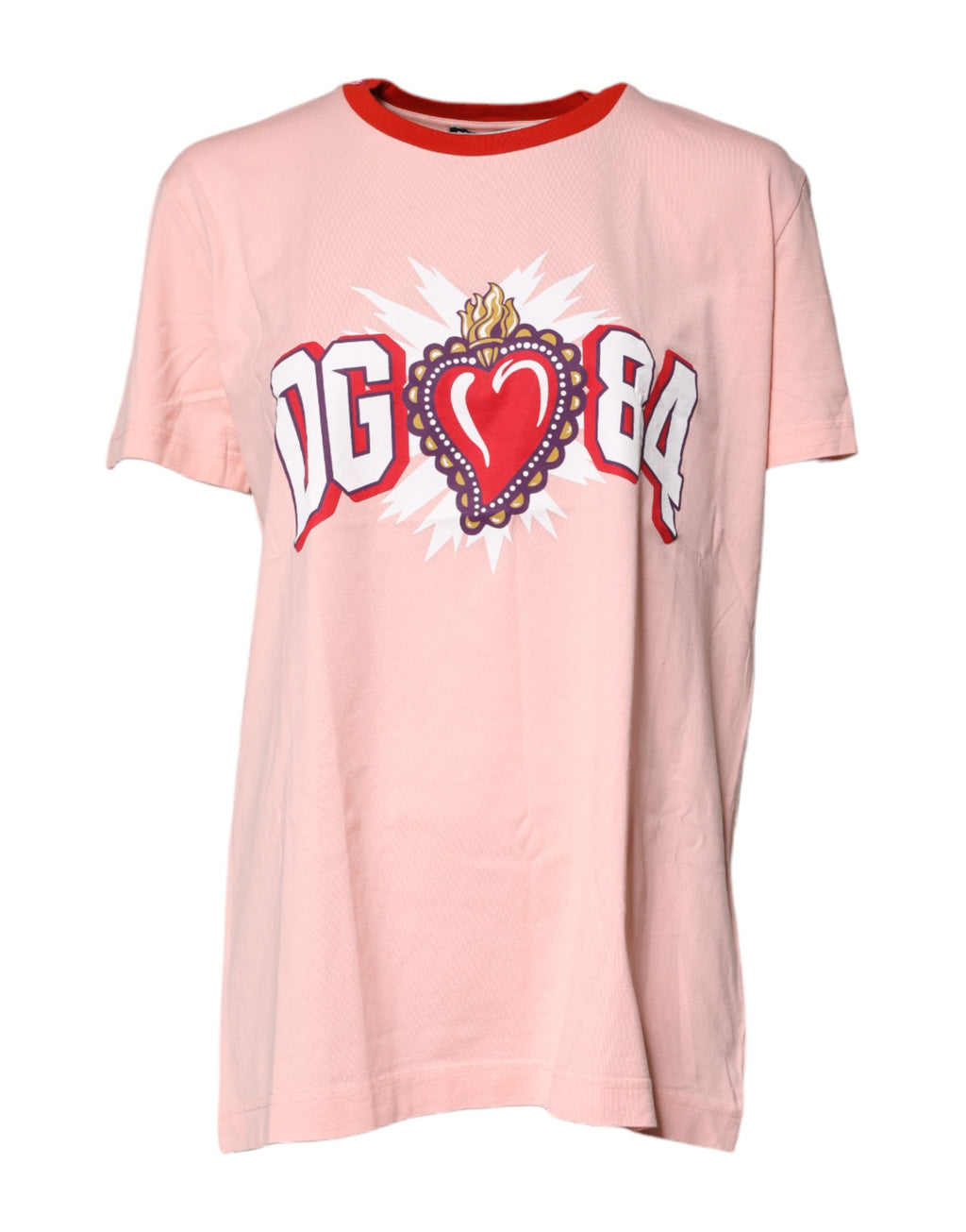 T-shirt en coton rose Dolce & Gabbana DG 84 Sacred Heart avec imprimé cœur sacré, détails colorés et logo Dolce & Gabbana visible.