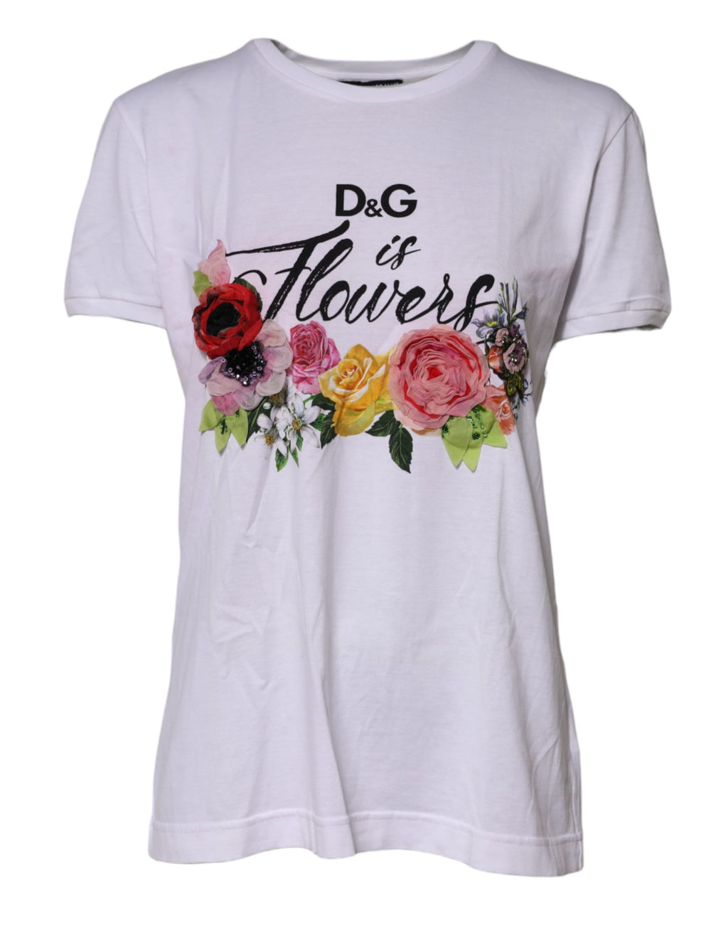 T-shirt blanc Dolce & Gabbana D&G Is Flowers avec embellissements floraux, vue de face.