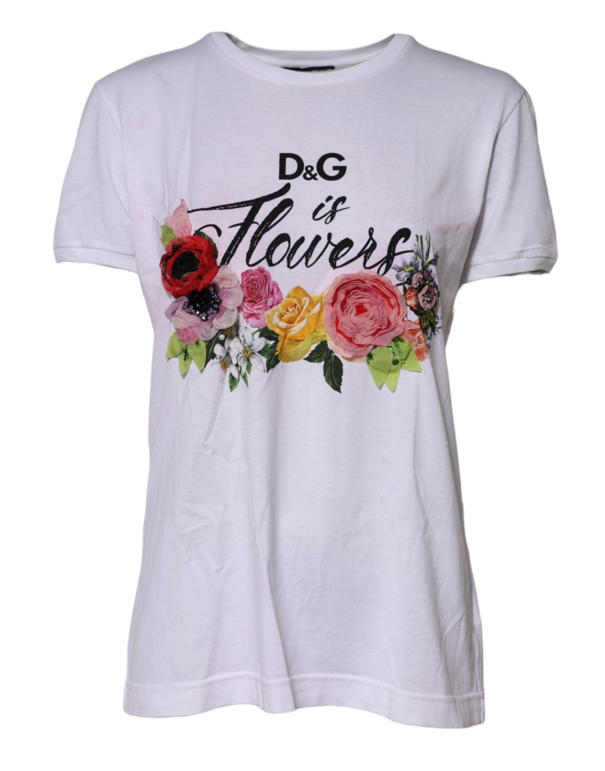 T-shirt blanc Dolce & Gabbana D&G Is Flowers avec embellissements floraux, vue de face.