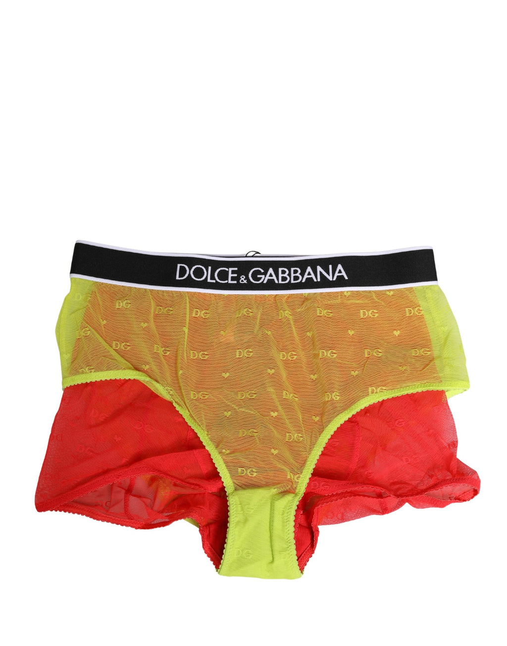 Culotte taille moyenne en tulle rouge et jaune de Dolce & Gabbana, sous-vêtement féminin élégant et transparent.