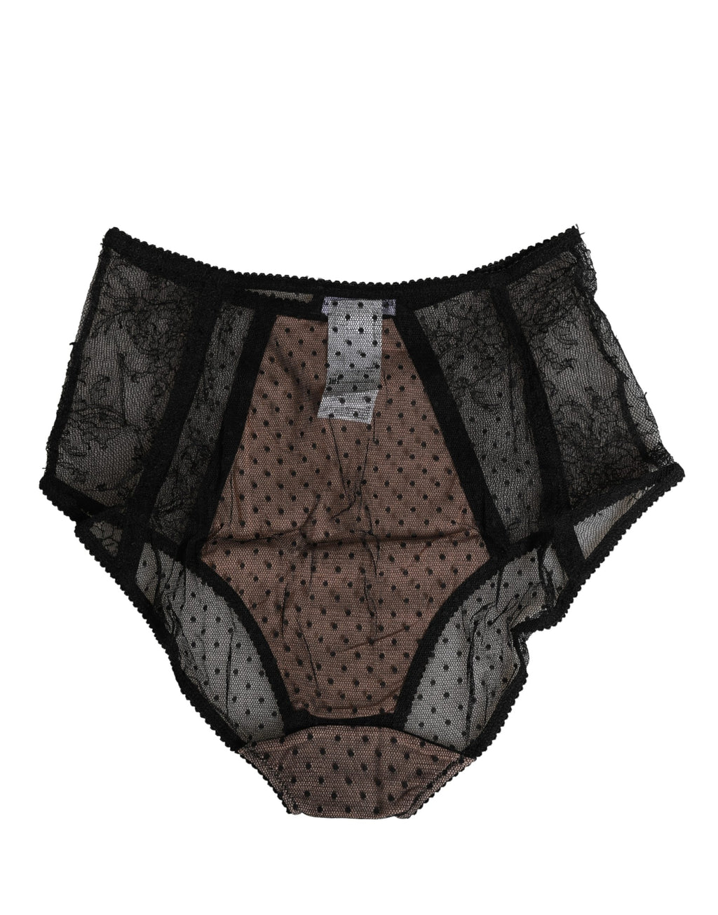 Sous-vêtements Dolce & Gabbana en dentelle noire transparente à pois, taille haute, style culotte élégante.