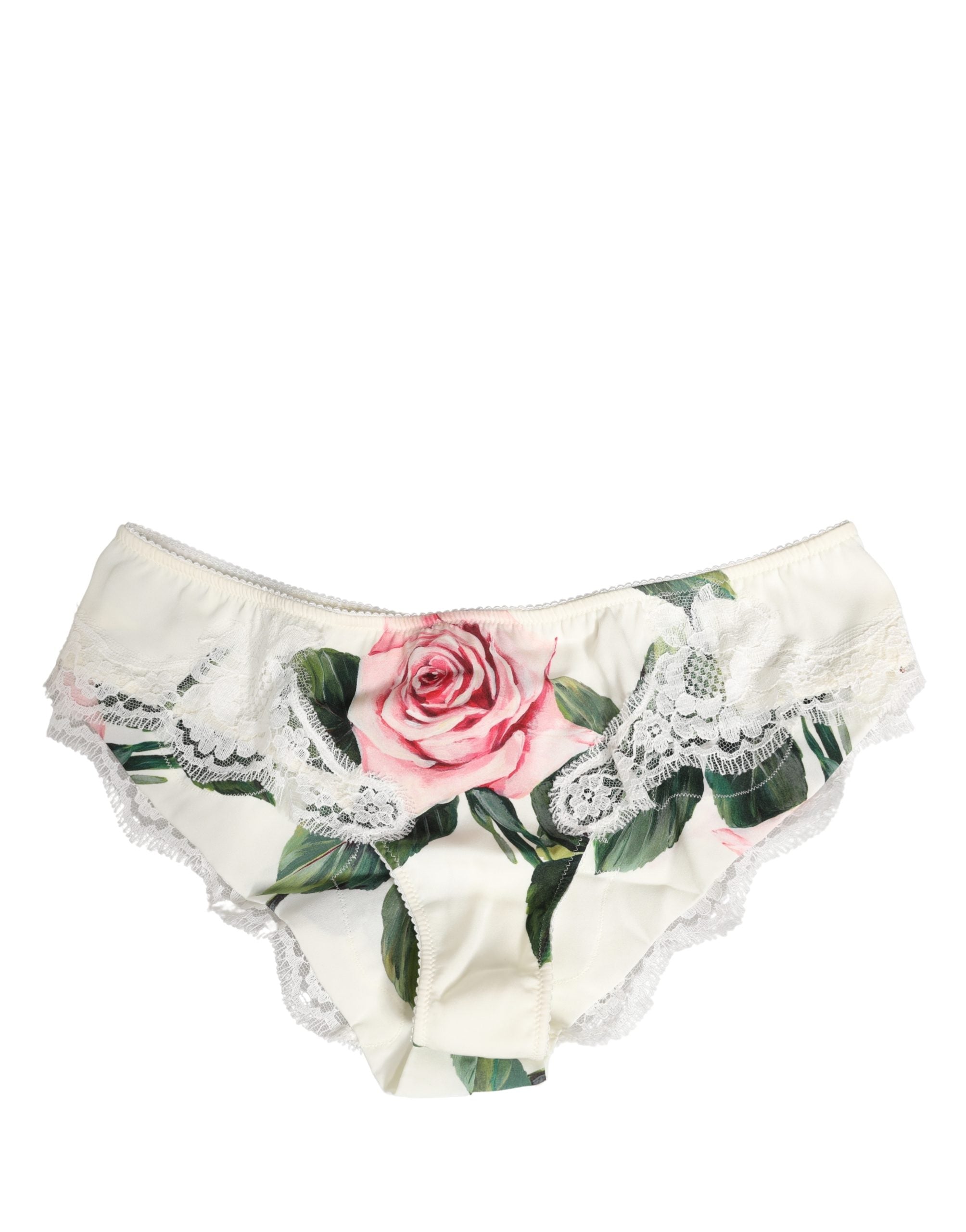 Culotte Dolce & Gabbana en soie blanche avec broderie florale et finition en dentelle, vue de face sur fond blanc.