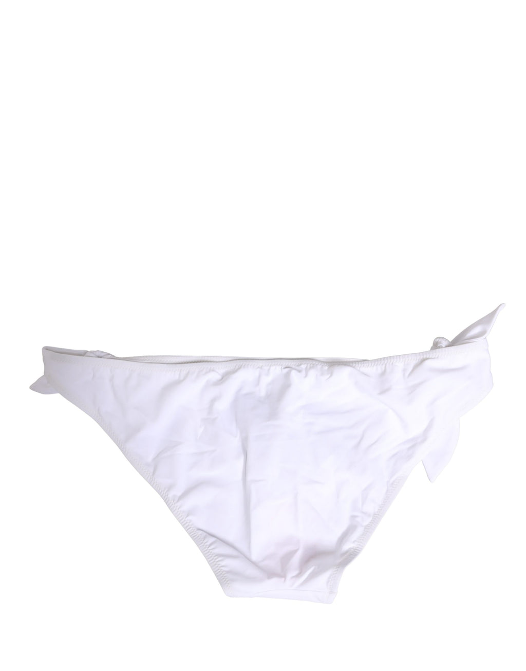 Maillot de bain bikini Dolce & Gabbana en nylon blanc avec plaque logo DG et détails élégants, vue frontale.