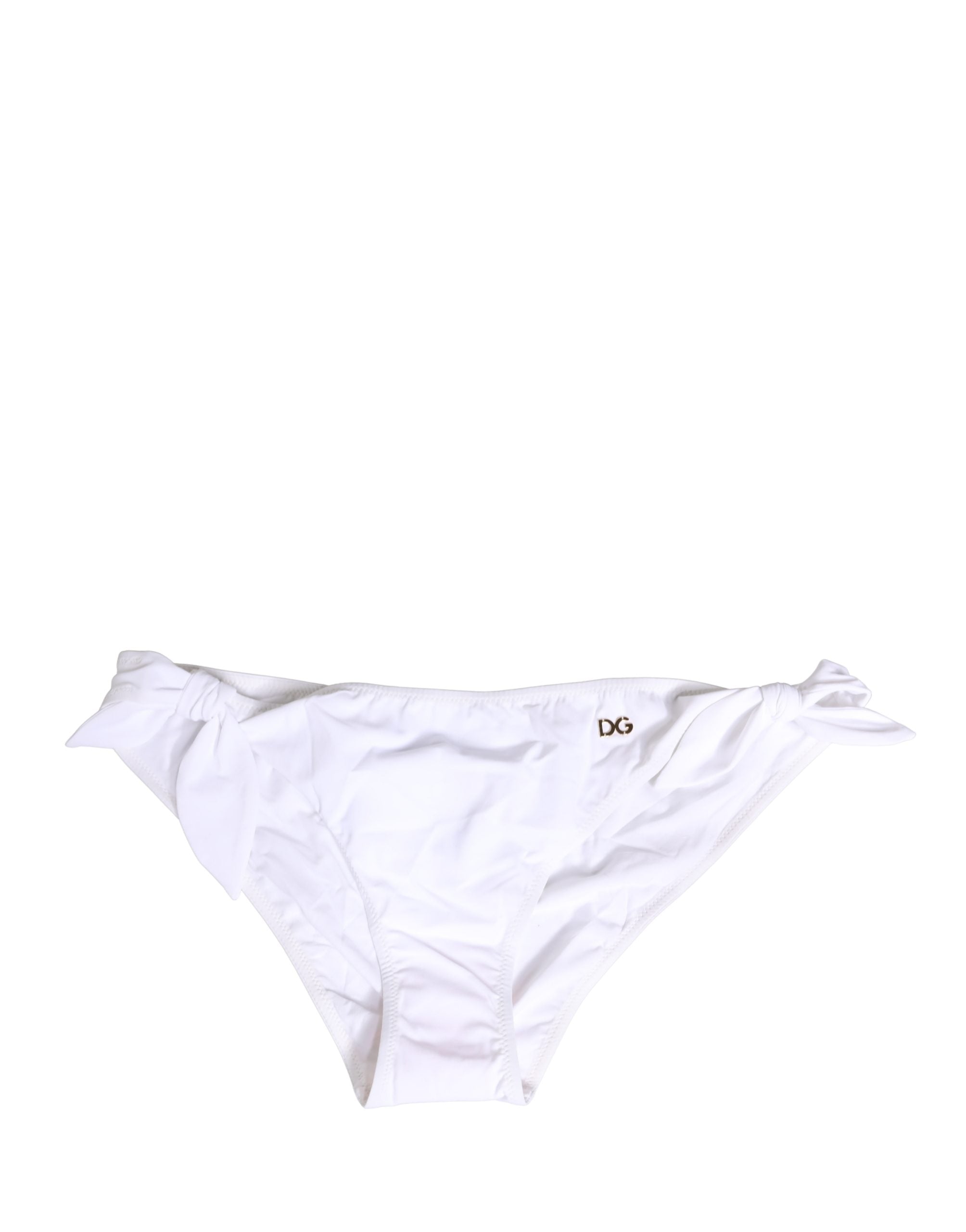 Bikini en nylon blanc Dolce & Gabbana avec plaque logo DG, style de maillot de bain pour femmes, montrant la coupe et les détails.