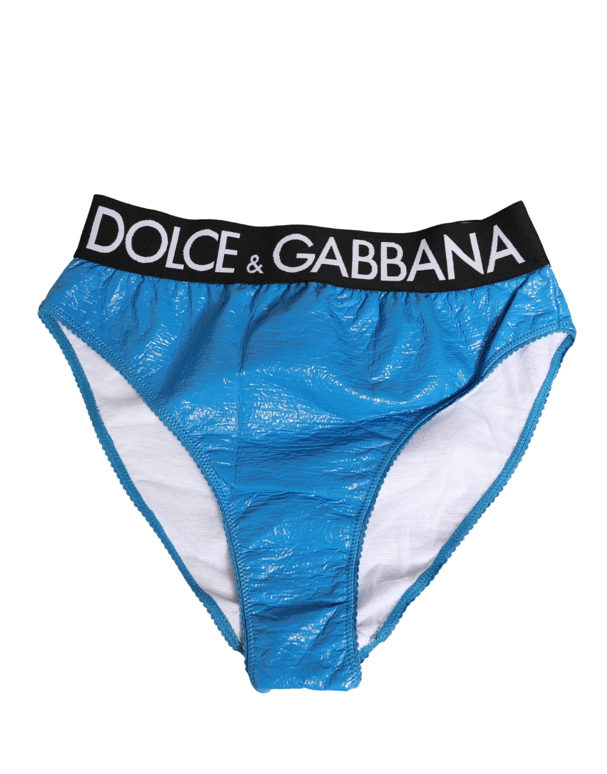 Culotte haute Dolce & Gabbana avec logo bleu sur la ceinture, en tissu doux, vue de face.