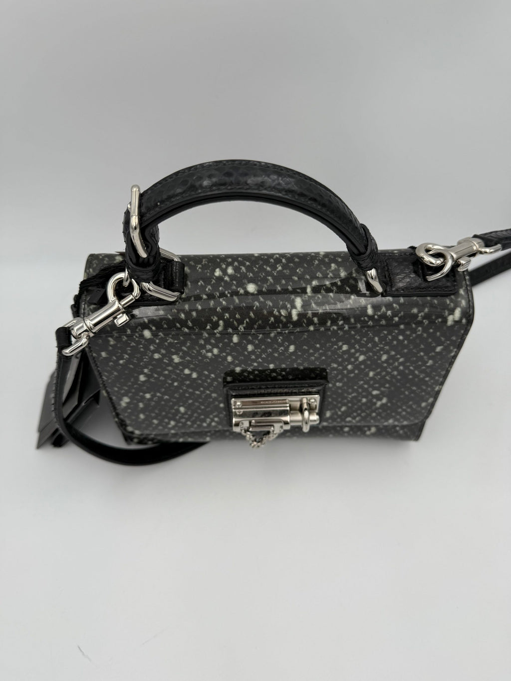 Sac à main Dolce & Gabbana Monica en python et cuir verni, élégant et sophistiqué, visible avec ses détails luxueux.