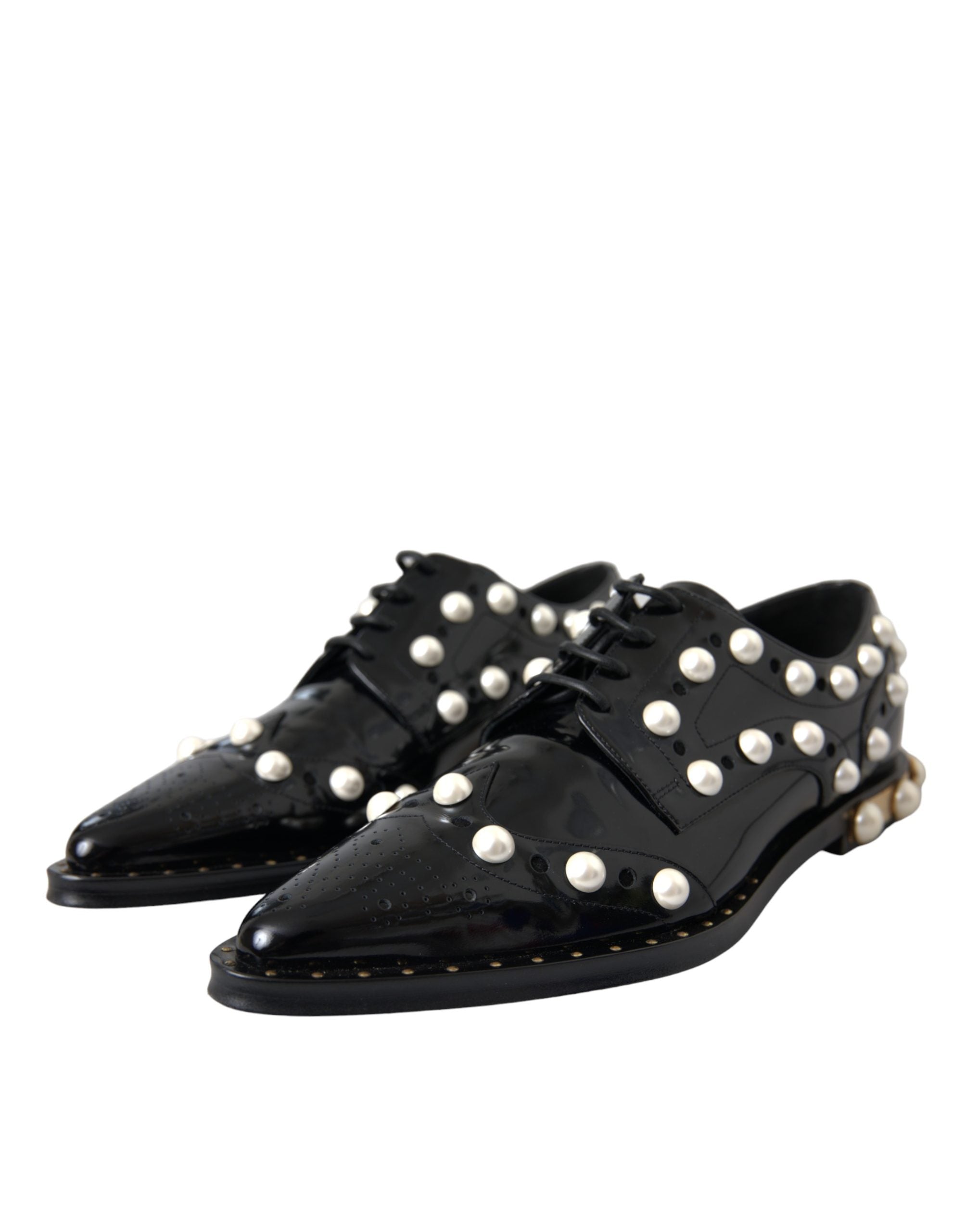 Chaussures brogue en cuir noir avec perles synthétiques de Dolce & Gabbana, élégantes et sophistiquées pour femme.
