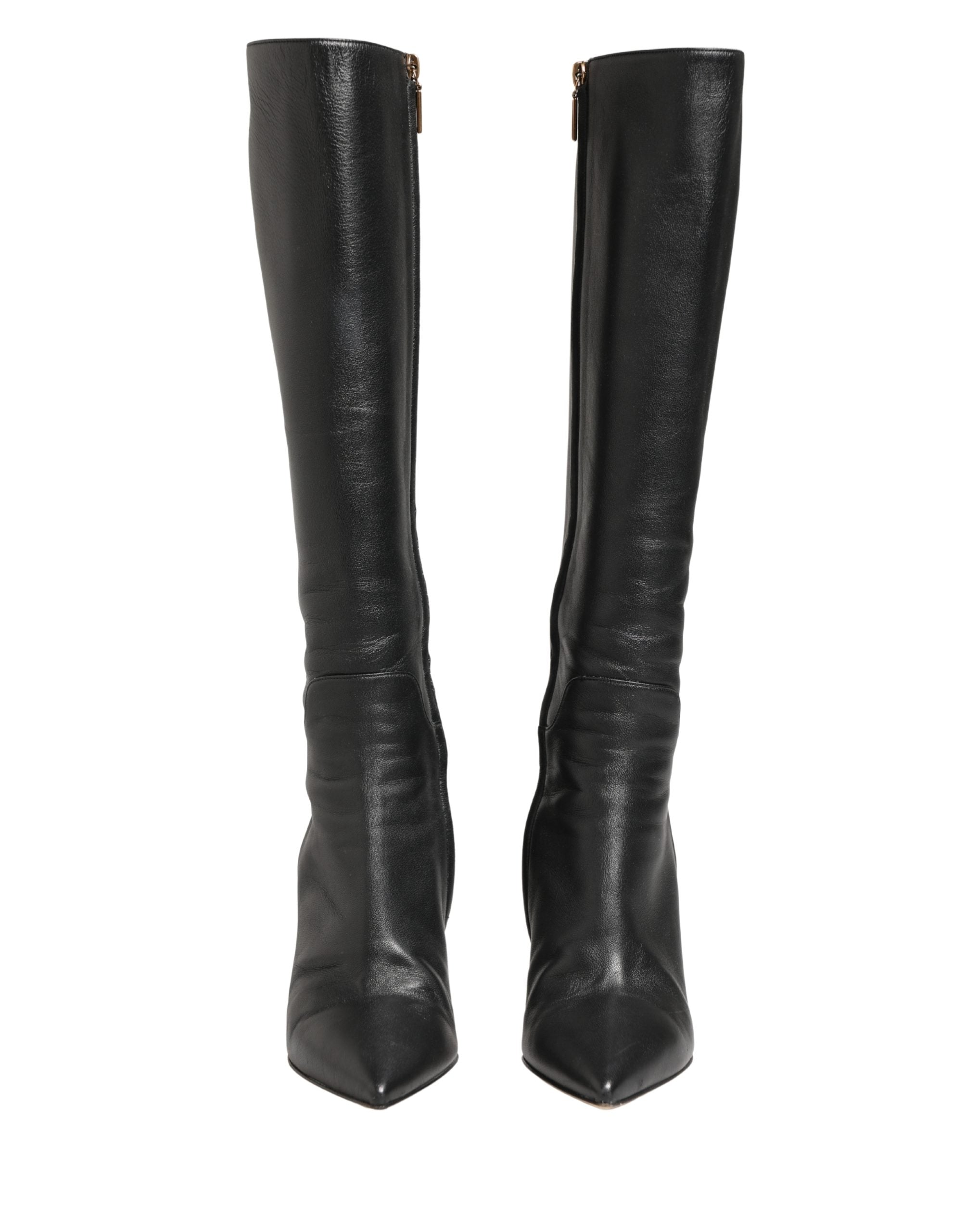 Chaussures Dolce & Gabbana talons en cuir noir, bottes hautes jusqu'aux genoux, élégantes et sophistiquées.