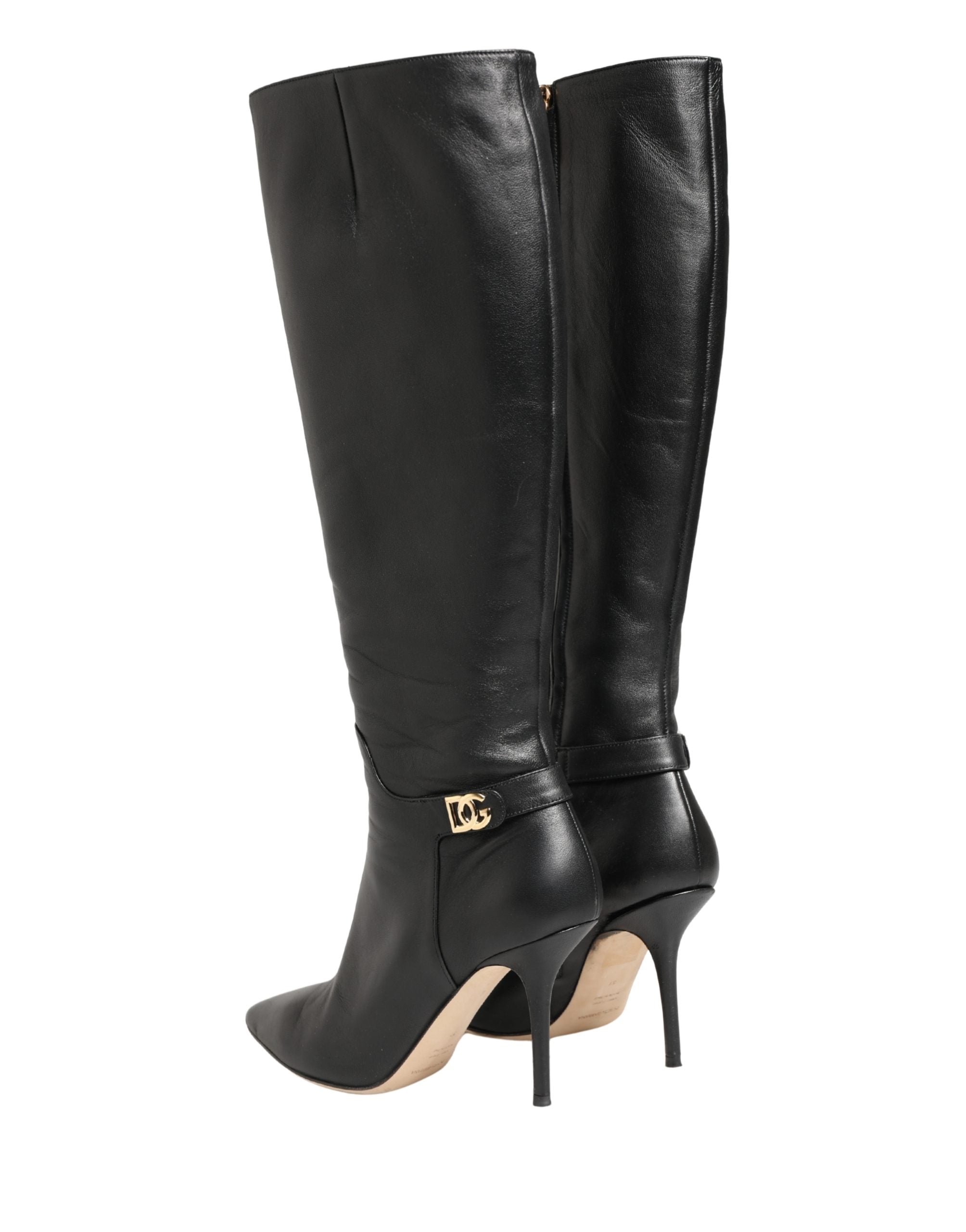 Chaussures Dolce & Gabbana bottines en cuir noir, talons hauts, bottes jusqu'aux genoux, élégantes et sophistiquées.