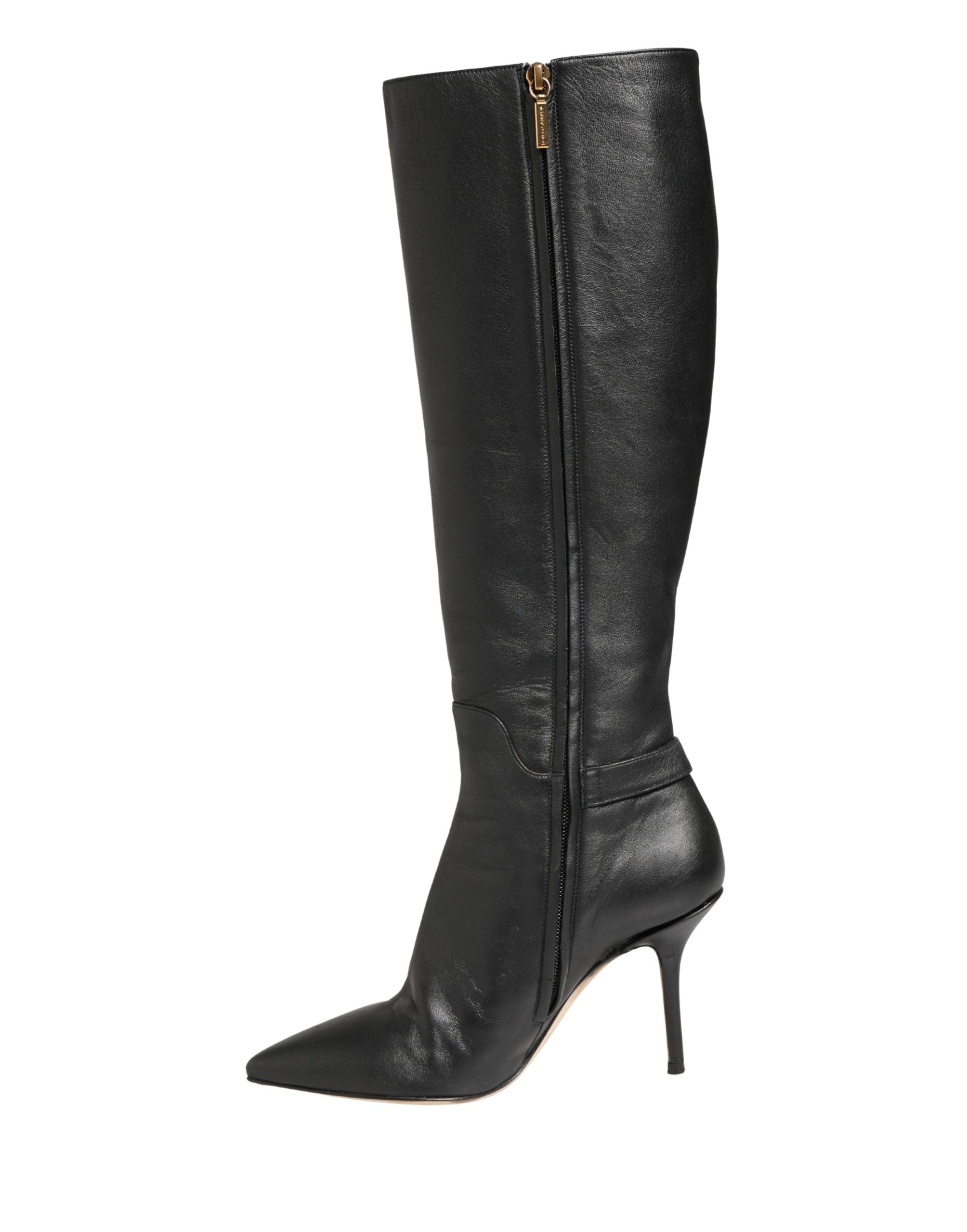 Bottes hautes en cuir noir de Dolce & Gabbana, talons élégants, chaussures à la mode pour femmes.