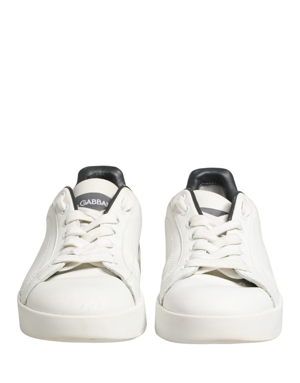 Chaussures sneakers en cuir blanc et noir Dolce & Gabbana Portofino, style élégant avec détails en cuir rouge.
