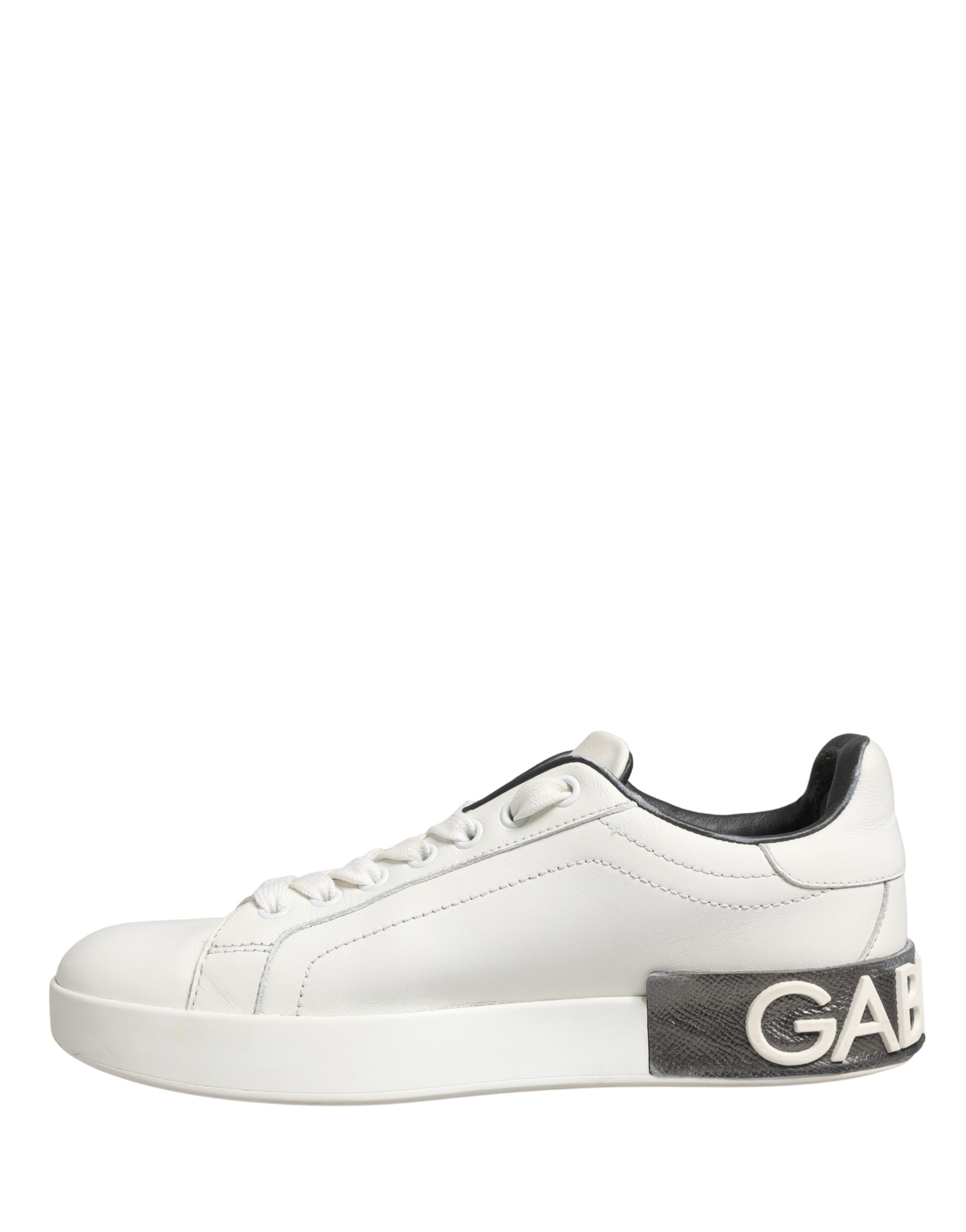 Chaussures sneakers en cuir blanc et noir Dolce & Gabbana Portofino, design élégant et moderne pour homme.