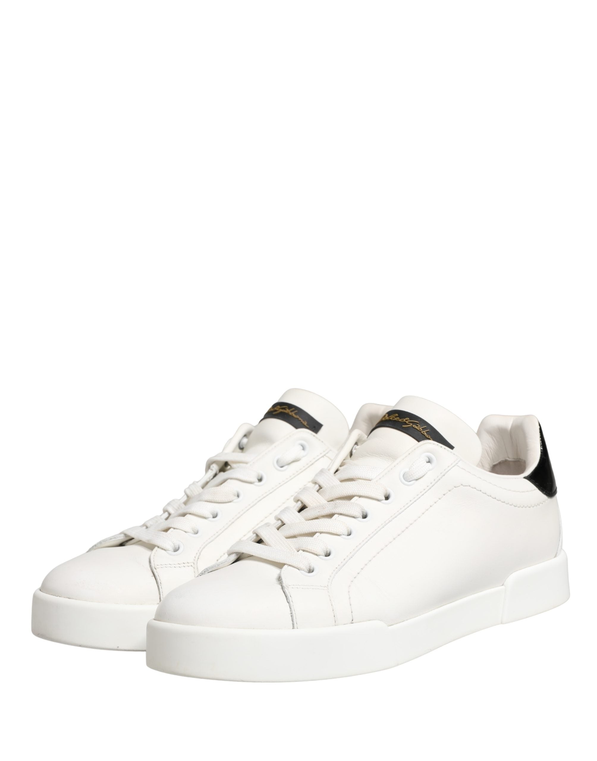 Chaussures sneakers Dolce & Gabbana Portofino en cuir blanc et noir, chaussures de sport élégantes et modernes.