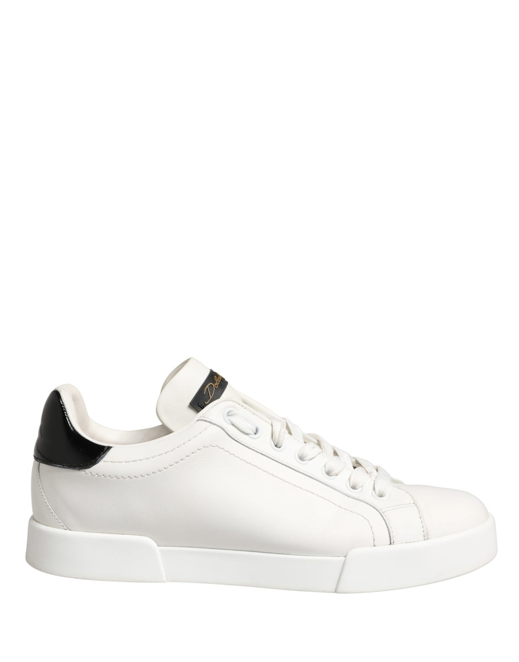 Chaussures sneakers Dolce & Gabbana Portofino en cuir blanc et noir, avec détails élégants et semelle confortable.
